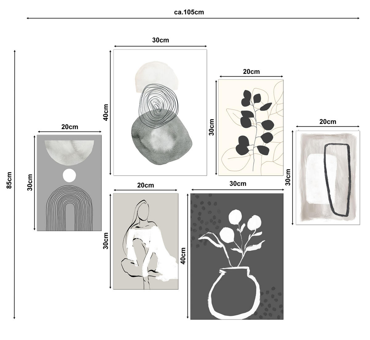BILDERSET 6er-Set 30x40 cm + 20x30cm abstrakte Kunst - Beige, Kunststoff (105/85cm) - artissimo