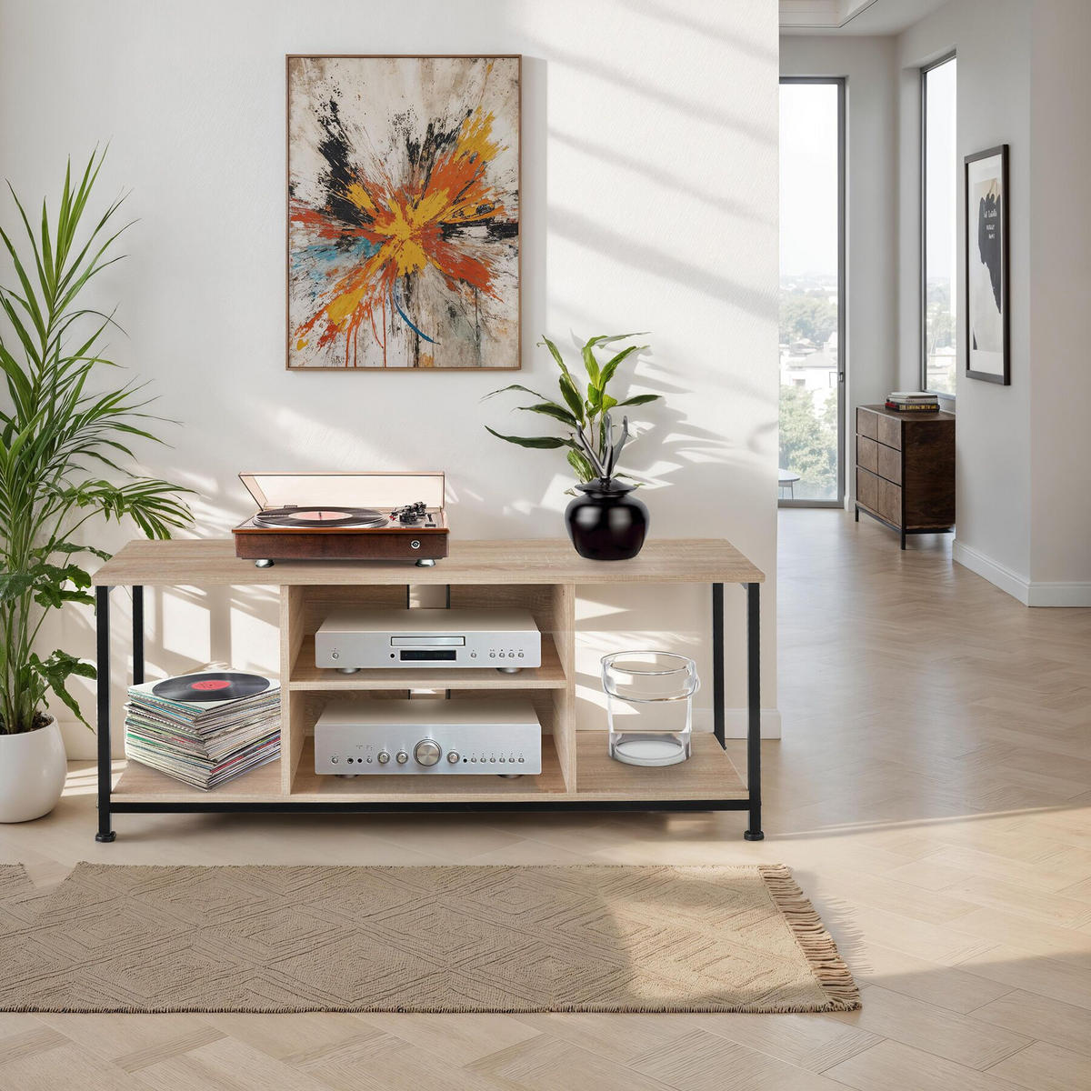 TV-REGAL Denver,120 x 40 x 50,5 cm,Industrial Holz hell, Eiche Sonoma - Naturfarben, Holzwerkstoff (40/50.5/120cm) - tectake