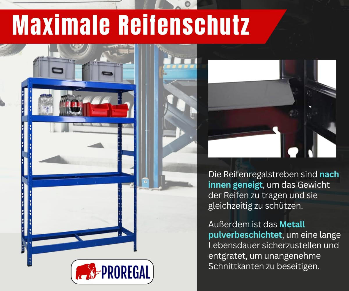 REIFENREGAL Tiger 180x120x40 cm bis zu 12 Reifen auf 2 Ebenen + 2 Ablagen Blau - Blau, Metall (120/180/40cm) - PROREGAL