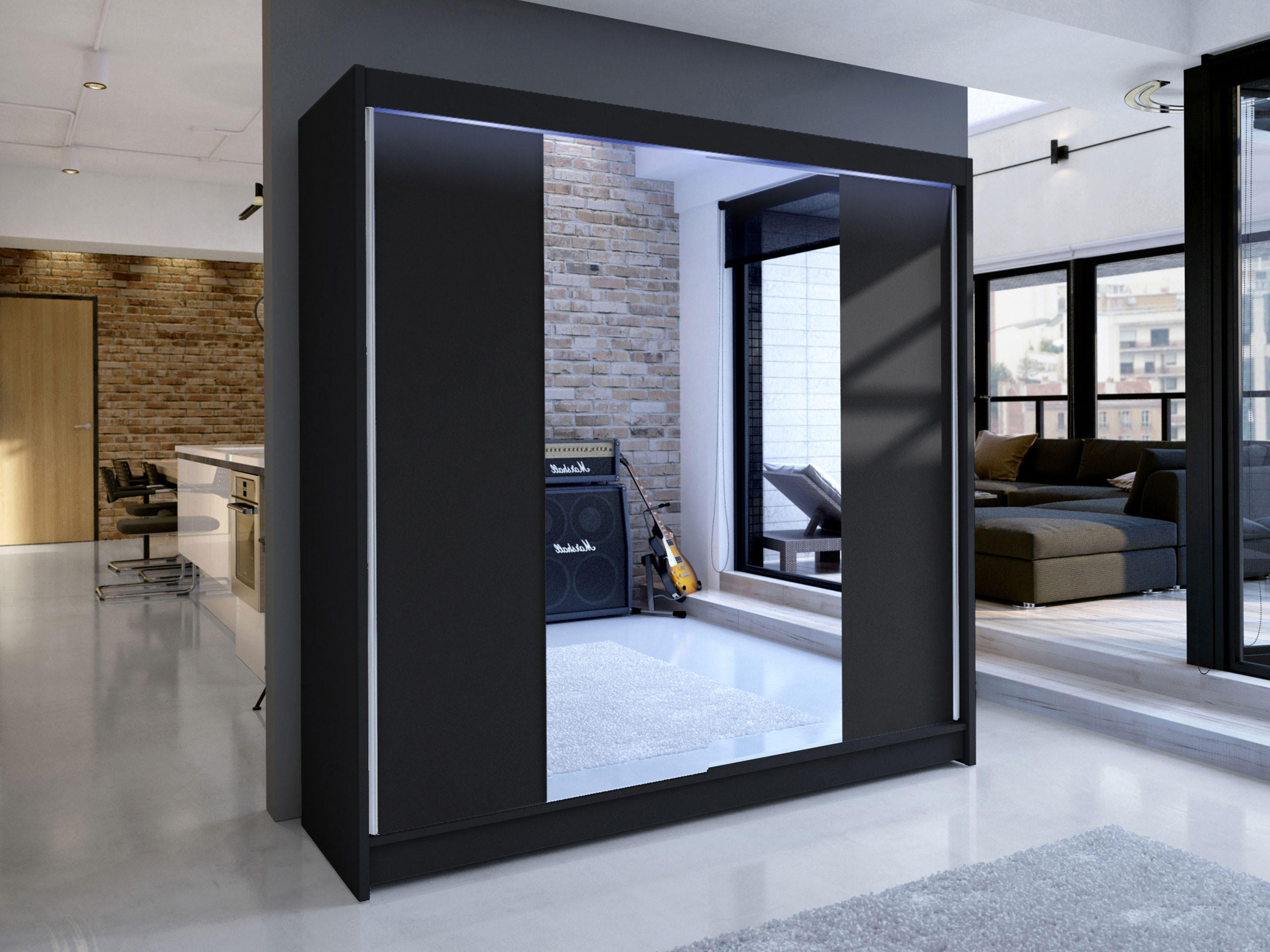 SCHWEBETÜRENSCHRANK Talin II, mit RGB LED Beleuchtung - Silberfarben/Schwarz, Holzwerkstoff/Metall (180/215/58cm) - MIRJAN24