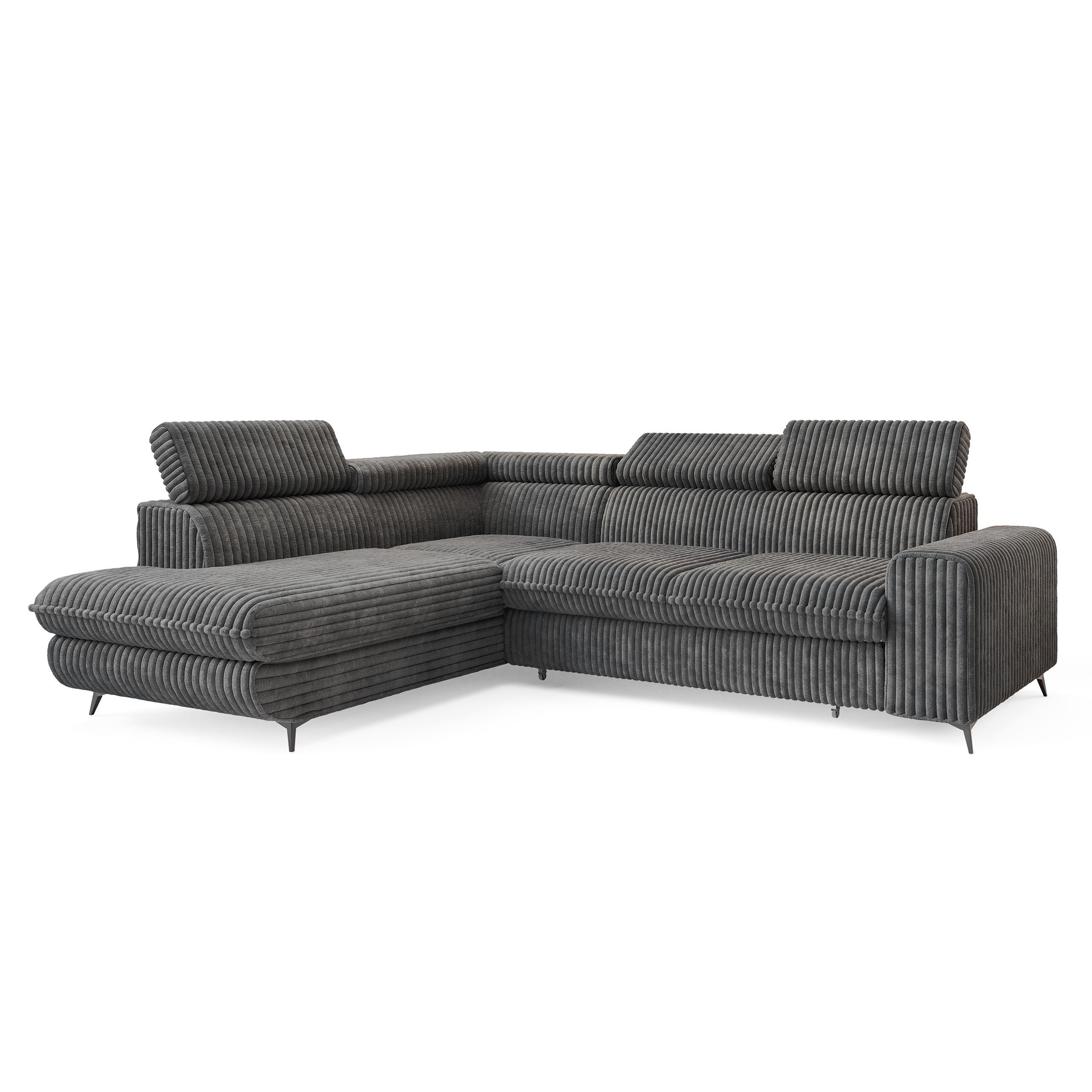 ECKSOFA VELISS Grau Kordstoff mit Schlaffunktion - Dunkelgrau, Holz (255/193cm) - MASSENO