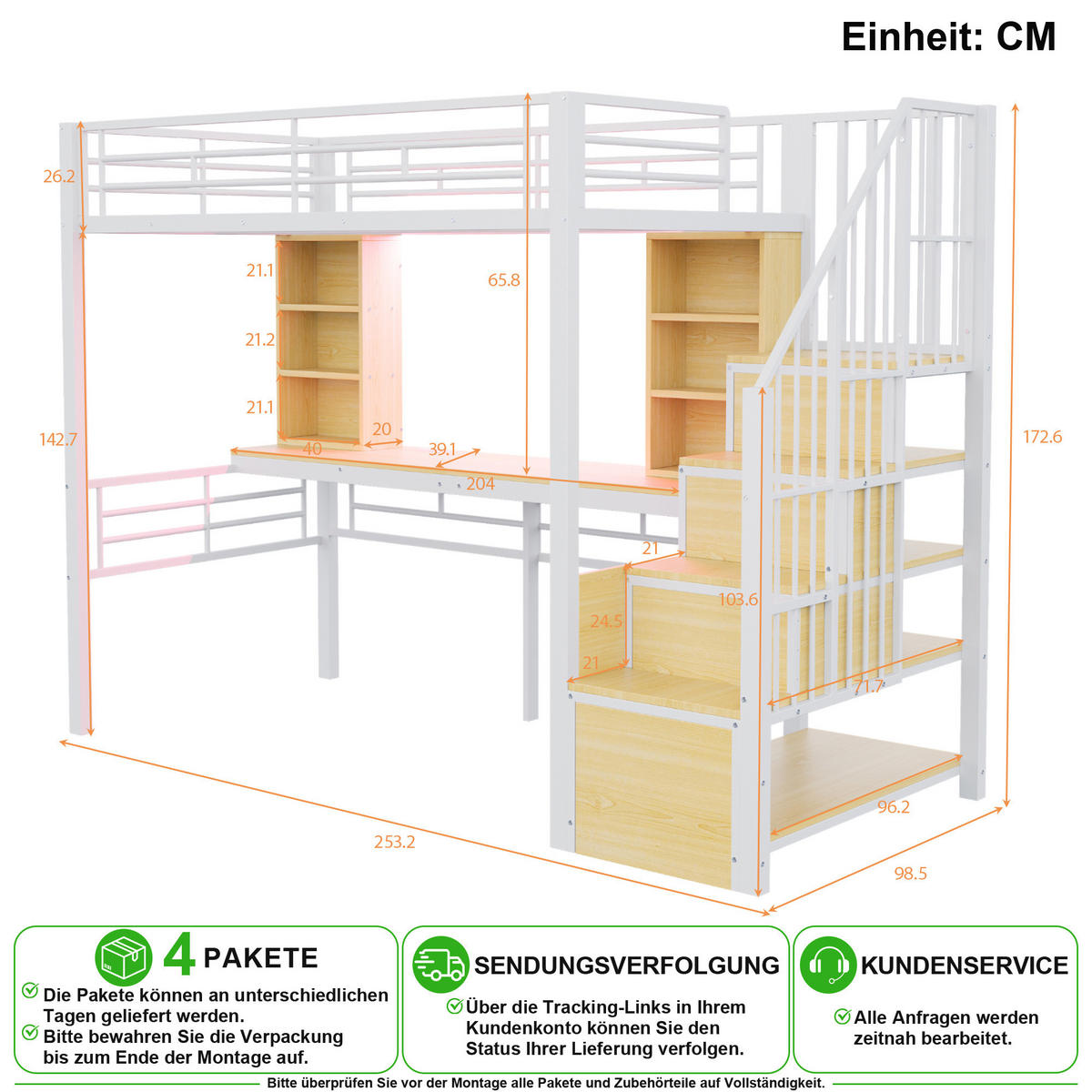 HOCHBETT 90/200 cm in Weiß mit Stauraumtreppe, Schreibtisch, Steckdose und LED - Weiß, Holzwerkstoff/Metall (90/200cm) - CHICFURN