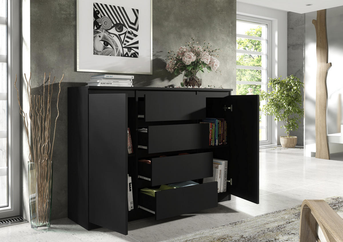 KOMMODE NUDO 138,5/101,5/39cm mit 4 Schubladen 2 Türen Schwarz - Schwarz, Holzwerkstoff (138.5/101.5/39cm) - MASSENO