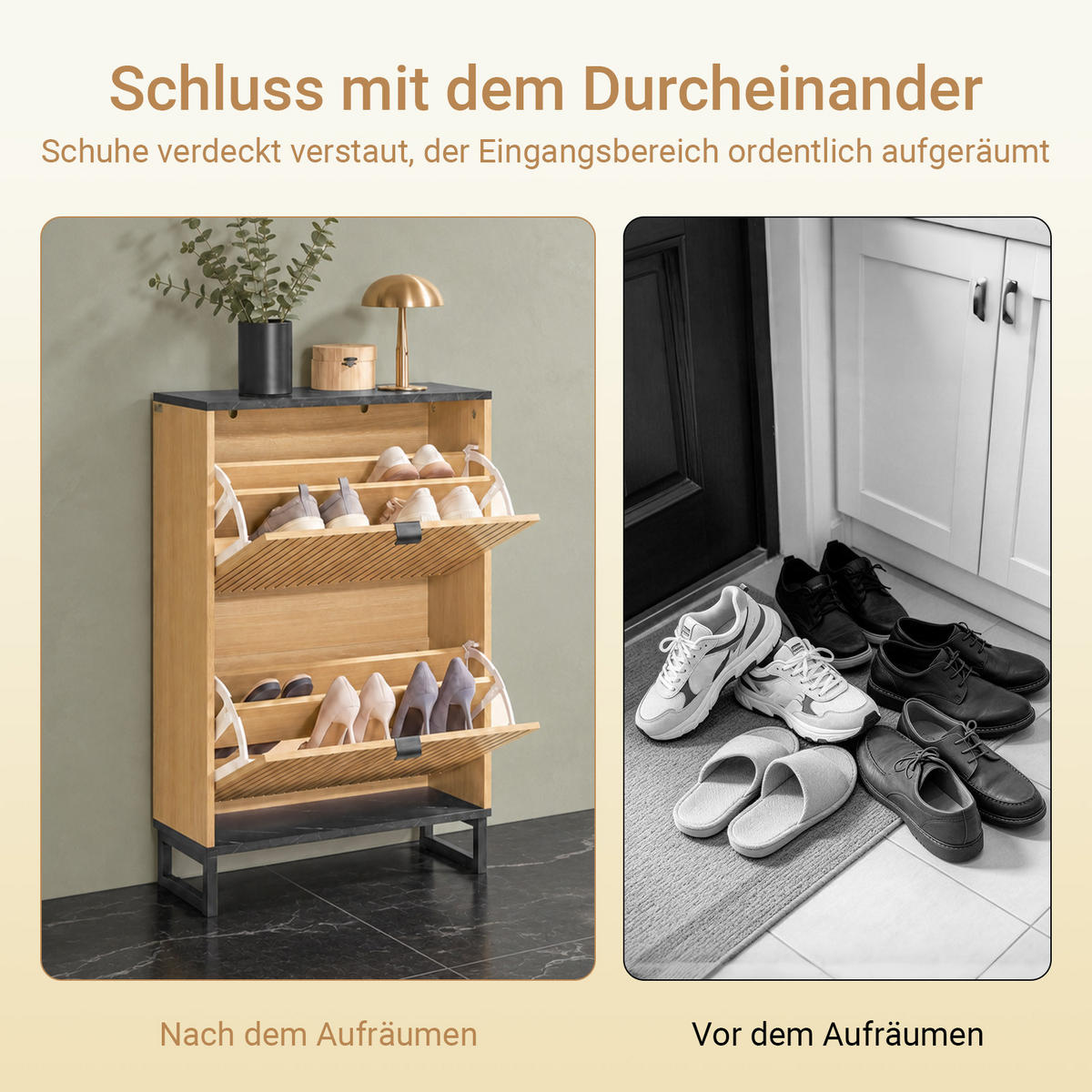 SCHUHSCHRANK Holzoptik & Schwarz mit Marmor - Naturfarben, Holzwerkstoff (60/88/24cm) - SoBuy
