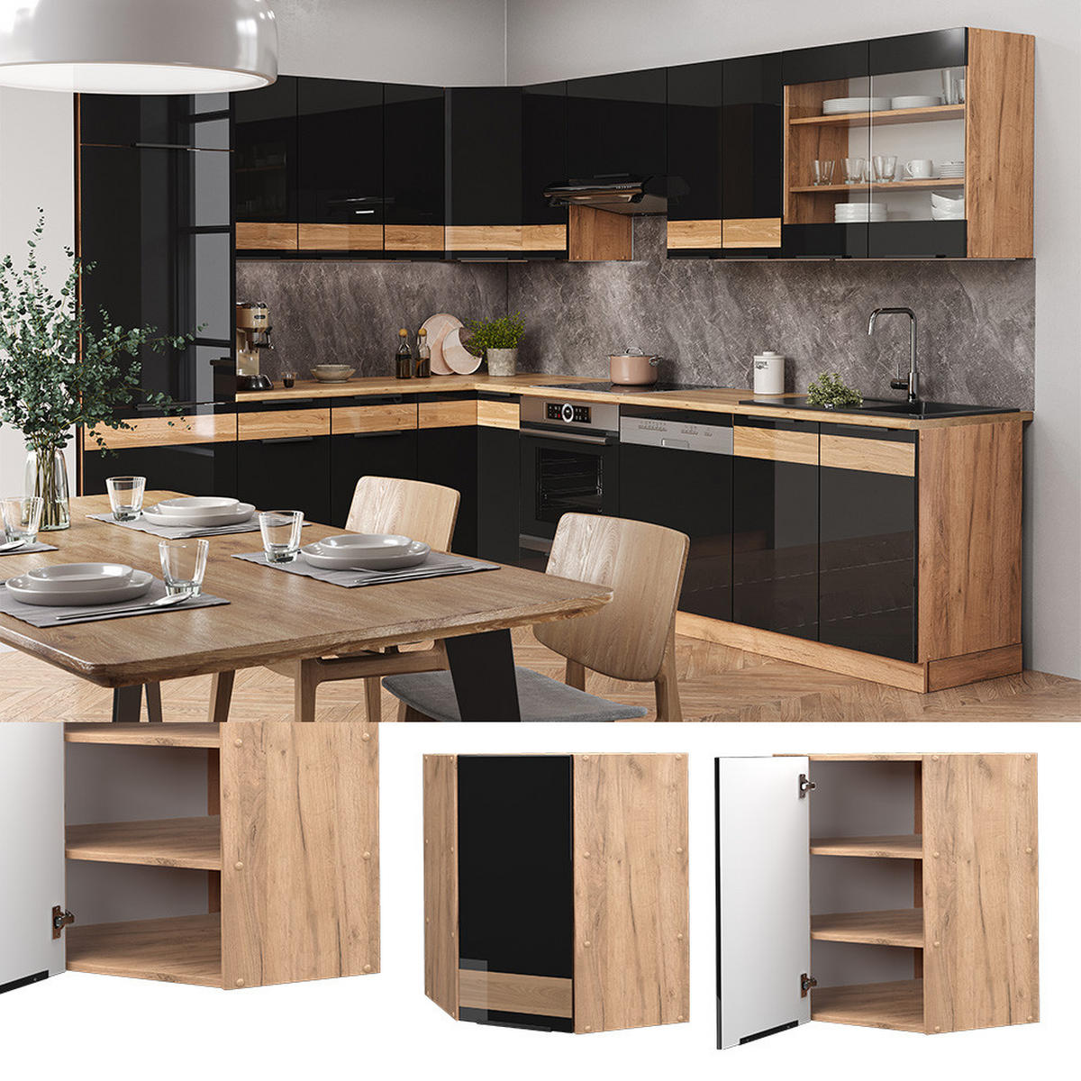 ECKHÄNGESCHRANK Fame-Line Schwarz Eiche hochglanz 57 cm - Honigeiche/Schwarz Hochglanz, Holzwerkstoff (57/72/34.1cm) - Vicco