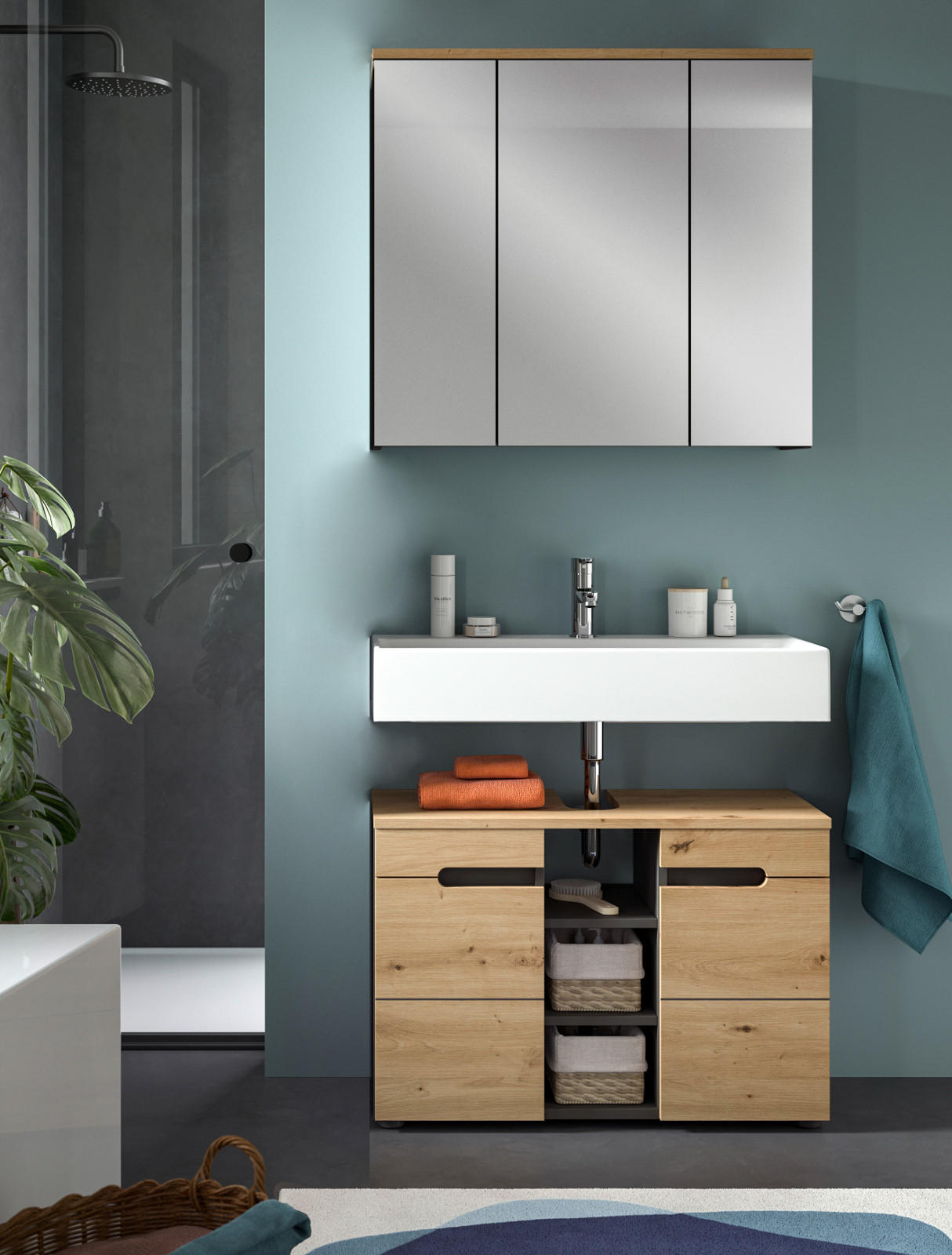 Thumbnail - Inn.Furn Spiegelschrank, Eiche Artisan, Grau, Metall, Holzwerkstoff, Glas, Nachbildung,Eiche, Uni, Holz Optik, 6 Fächer,...