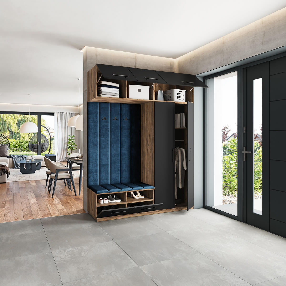 GARDEROBENSCHRANK REMA 180/240/60 cm Modern Garderobe-Set Eiche Lefkas - Blau/Eichefarben, Holzwerkstoff (180/240/60cm) - MASSENO