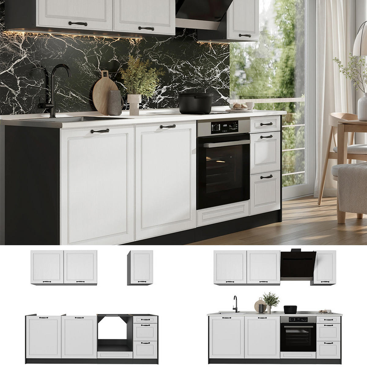 KUCHYNKA R-Line, Biely vidiecky dom/antracitová, 220 cm Goldkraft tammi työtaso - biela/antracitová, kompozitné drevo (220/81.6/60cm) - Vicco
