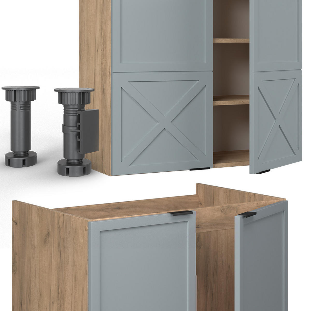 KÜCHENZEILE Fame-Line Hellblau-grau/Goldkraft Eiche 240 cm ohne AP - Honigeiche/Blaugrau, Holzwerkstoff (240/81.6/46cm) - Vicco