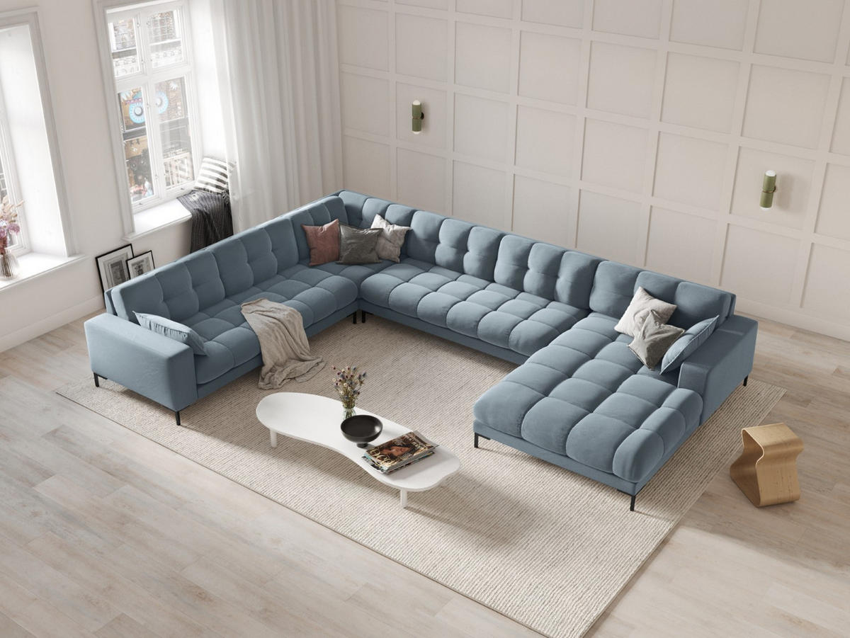 PANORAMASOFA links Mamaia aus Samt hellblau 7 Sitzplätze - Hellblau, Textil (256/75/327cm) - Micadoni