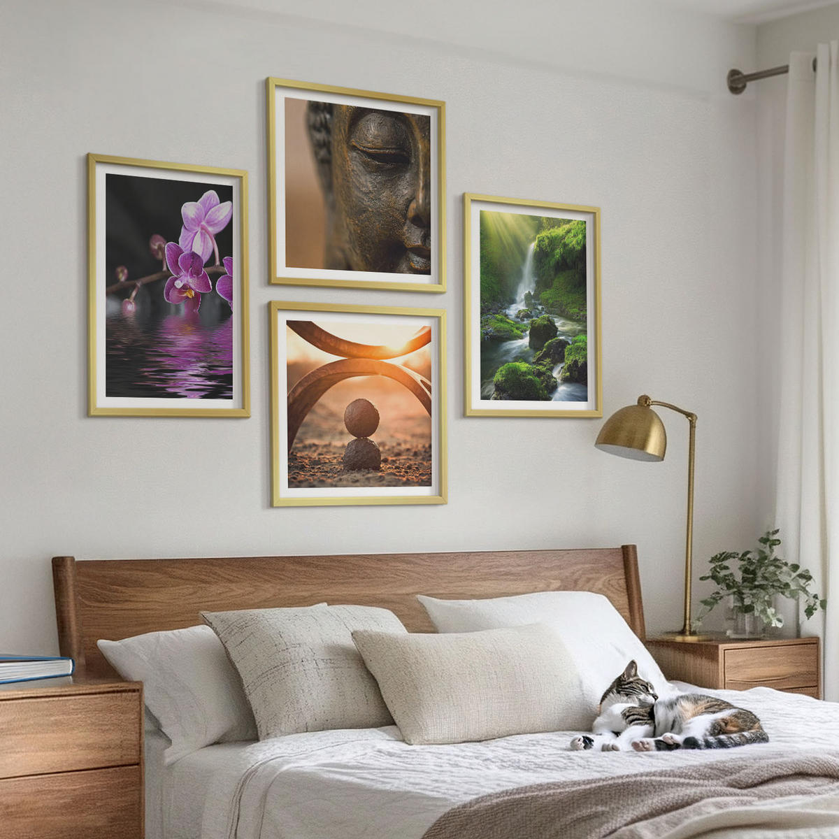 BILDER SET 4er Set - 50x50 cm & 40x60 cm Goldrahmen - Blumen im Wasser des Buddha-Wasserfalls - Goldfarben, Kunststoff (50/50cm) - TULUP