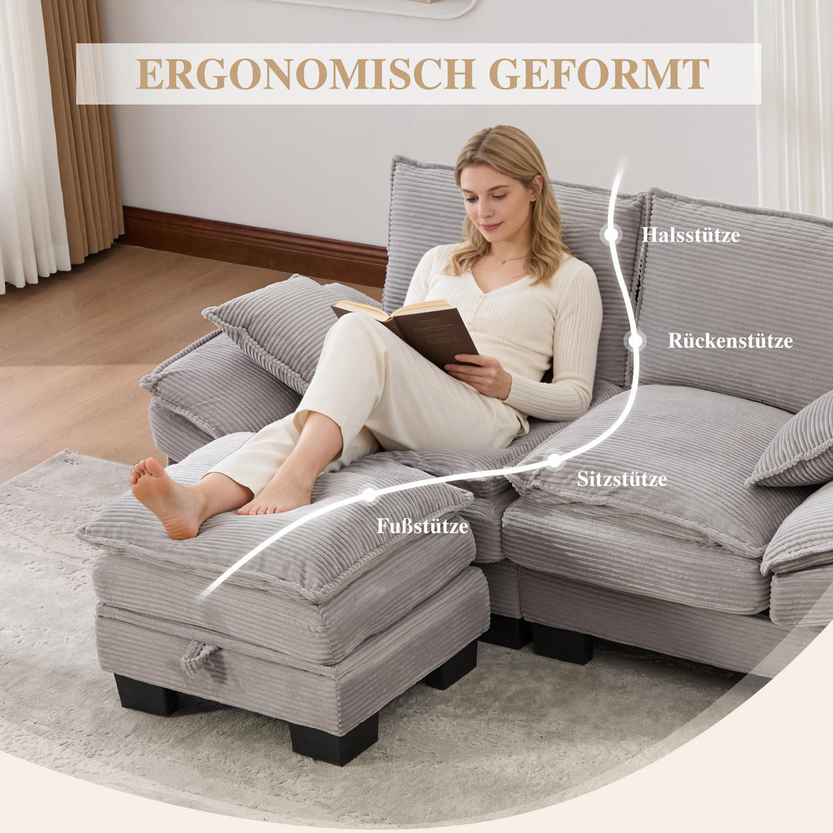 2-SITZER SOFA Cord Hellgrau mit Hocker, USB-C und Seitentaschen - Hellgrau, Holzwerkstoff/Kunststoff (190/132cm) - WISHDOR
