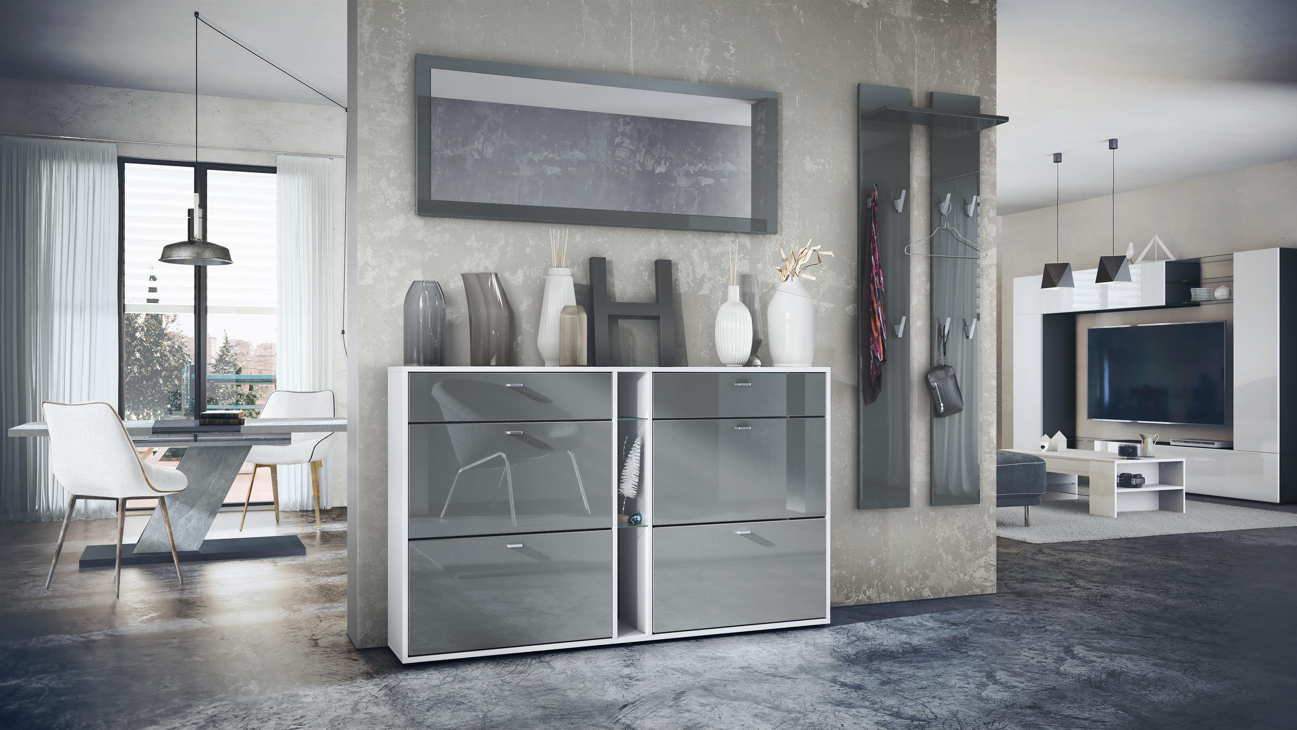 GARDEROBE Orlando Grau Hochglanz - Grau, Holzwerkstoff (215/210/28cm) - Vladon