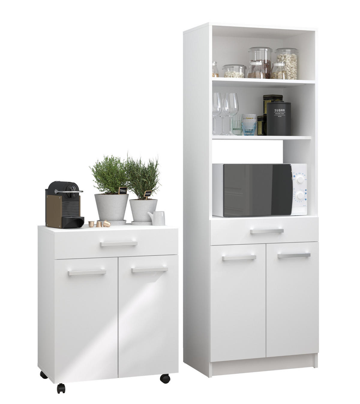 KÜCHENSCHRANK Set 2-teilig weiß mit Buffet und Mehrzweckschrank - Silberfarben/Weiß, Holz/Holzwerkstoff (120/176/43cm) - Parisot Meuble