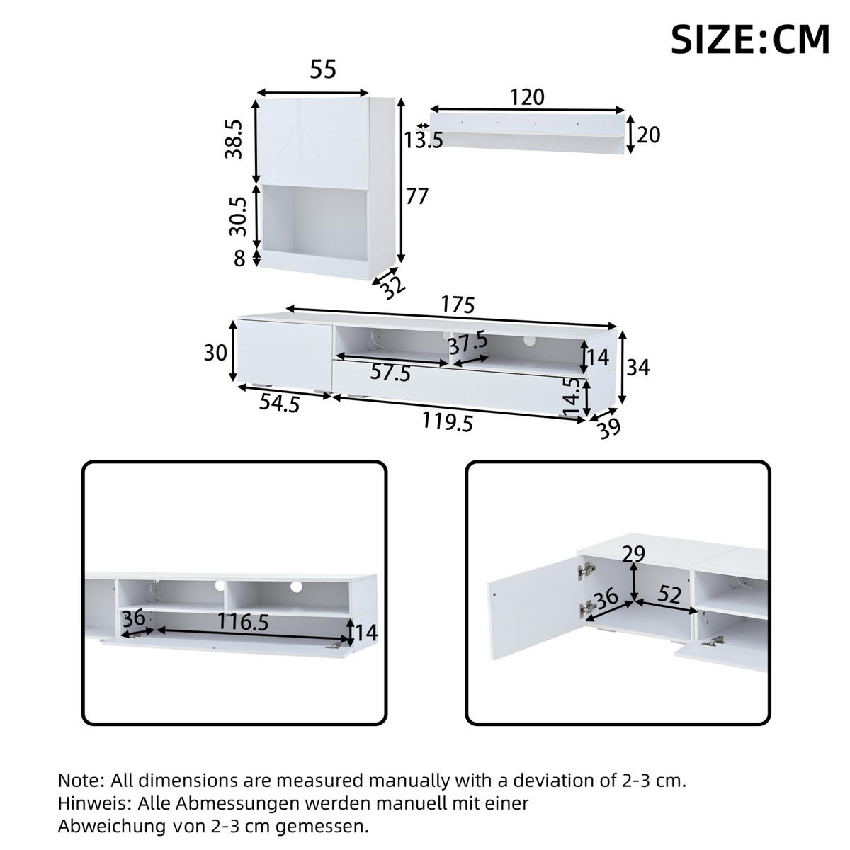 TV-WOHNWAND 3-tlg. 175 cm mit LED Weiß Hochglanz - Weiß, Holzwerkstoff (39/34/175cm) - Beauniv