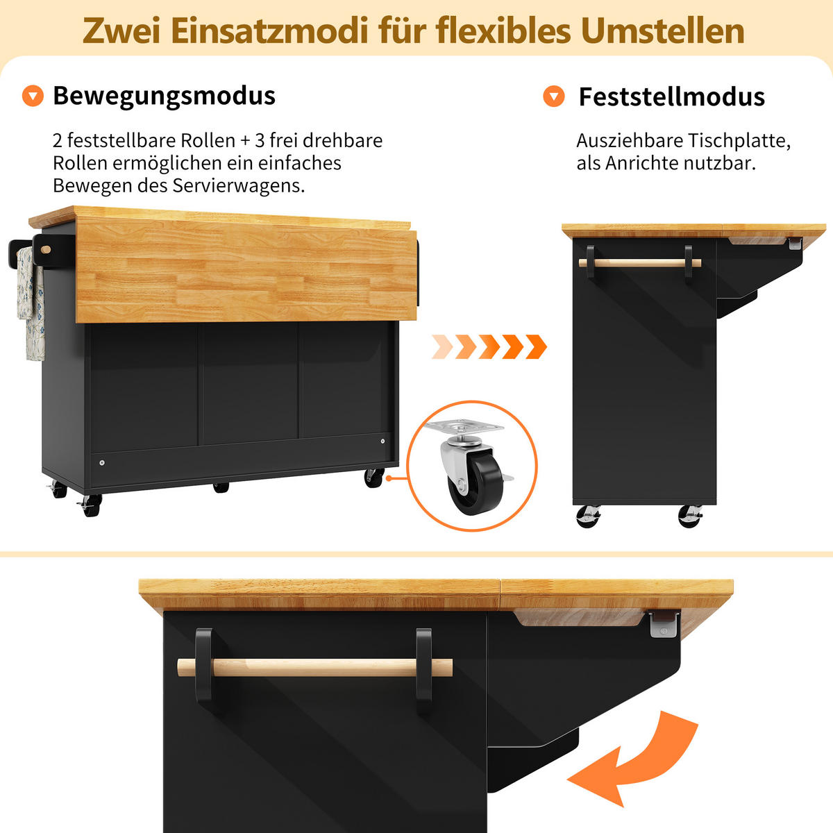 KÜCHENINSEL 120x73(45)x93cm Rollen 2 Türen 5 Schubladen Weiß/Schwarz - Schwarz, Metall (120/93/45cm) - FLIEKS