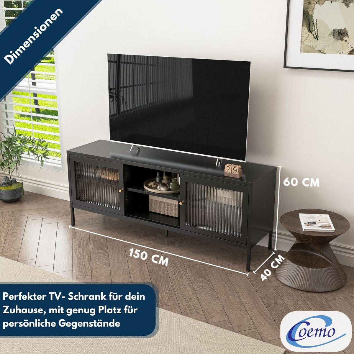 TV-LOWBOARD TOKIO Metall Schwarz 150/40/60 cm - Schwarz, Metall (40/60/150cm) - Coemo