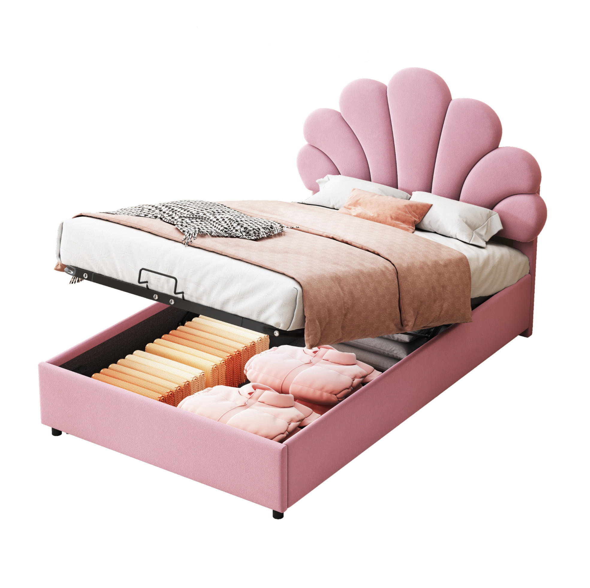 POLSTERBETT 90/200 cm mit hydraulischem Bettkasten, floralem Samt-Kopfteil und Lattenrost, Rosa - Rosa, Textil (90/200cm) - Redom