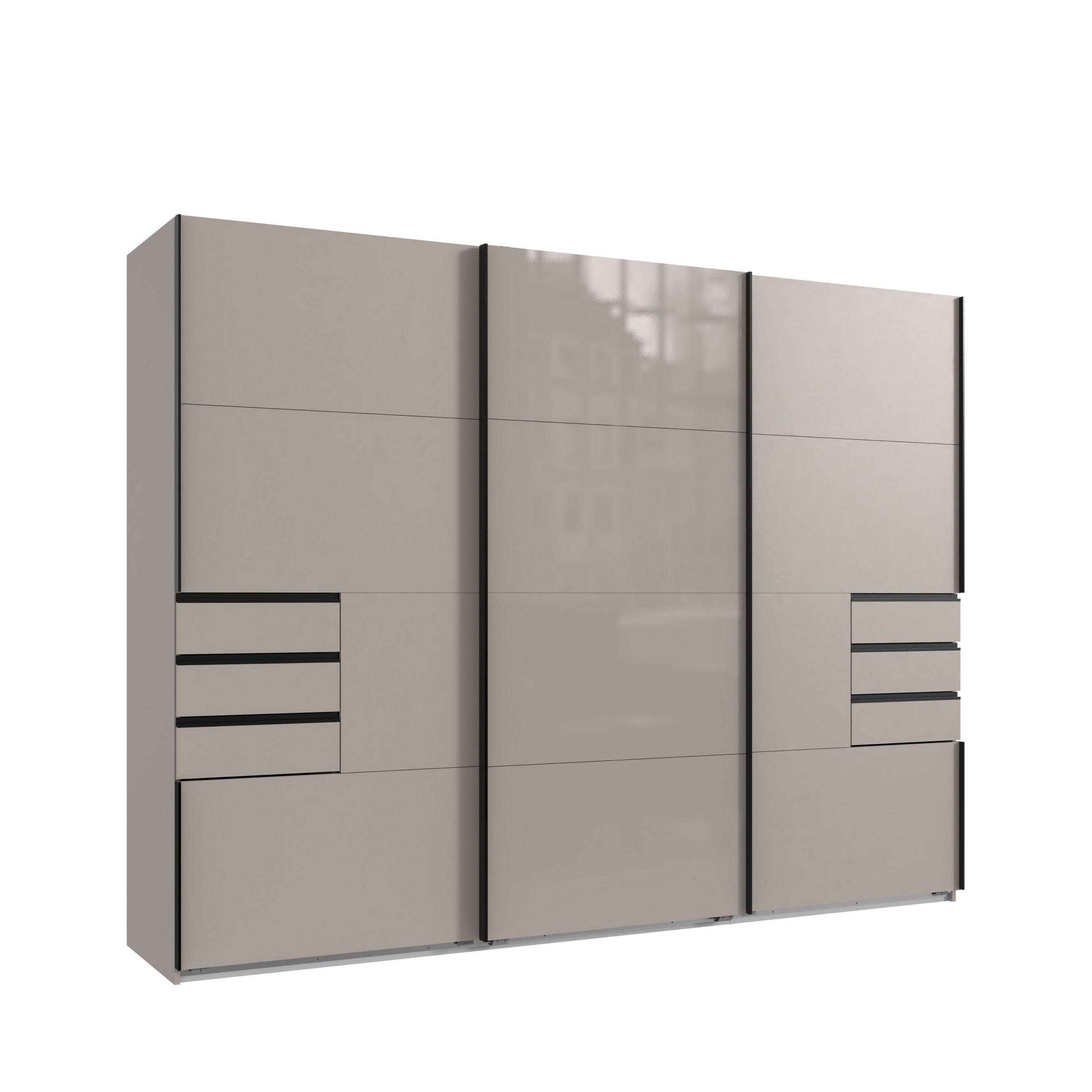 luma-home SKŘÍŇ S POSUVNÝMI DVEŘMI, 3dveřová, šířka 270 cm, výška 208 cm, hloubka 64 cm, pískově šedá, prostřední dveře skleněné, se zásuvkami / 22614