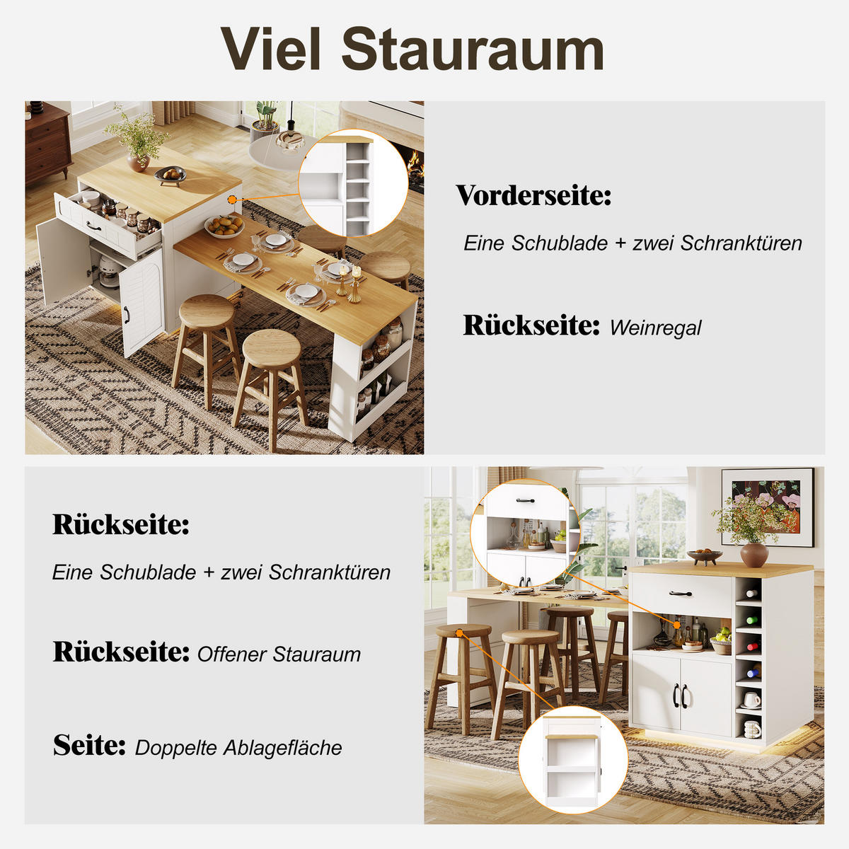 KÜCHENINSEL 193.5/70/95.5 cm Weiß mit 2 Schubladen, LED-Lichtleiste und Ausziehtisch - Weiß, Holz/Holzwerkstoff (193.5/95.5/70cm) - Oxeza