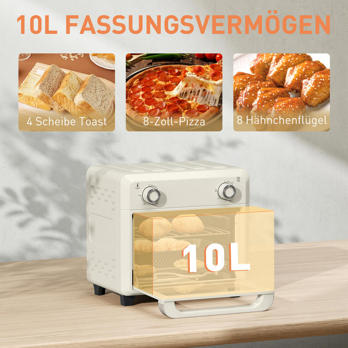 MINIBACKOFEN 10L mit Umluft & Heißluftfritteuse, Touch-Screen, 1000W, Timer, Innenbeleuchtung, Edelstahl - Beige, Metall (32/29.8/27.2cm) - Beaface