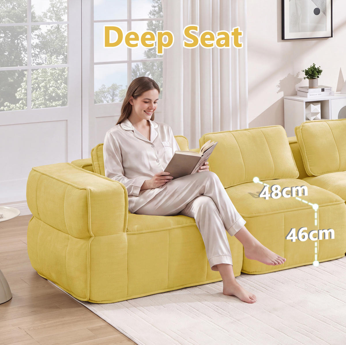 SOFA 344/93/67 cm in Gelb aus Polyester mit modularer Form und breiten Armlehnen - Gelb, Kunststoff (93/67/344cm) - Flora Grace
