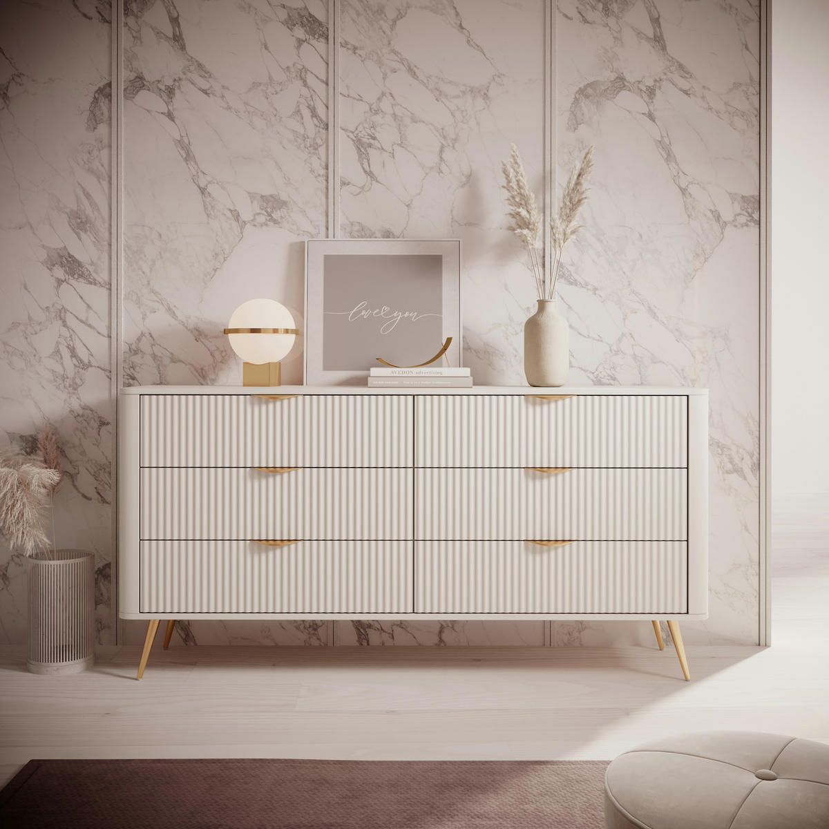 SIDEBOARD LEKNES KOM1 Reliefierte Fronten aus MDF-Platte Beige Beige - Beige, Glas/Holzwerkstoff (163/81/38cm) - Komodee