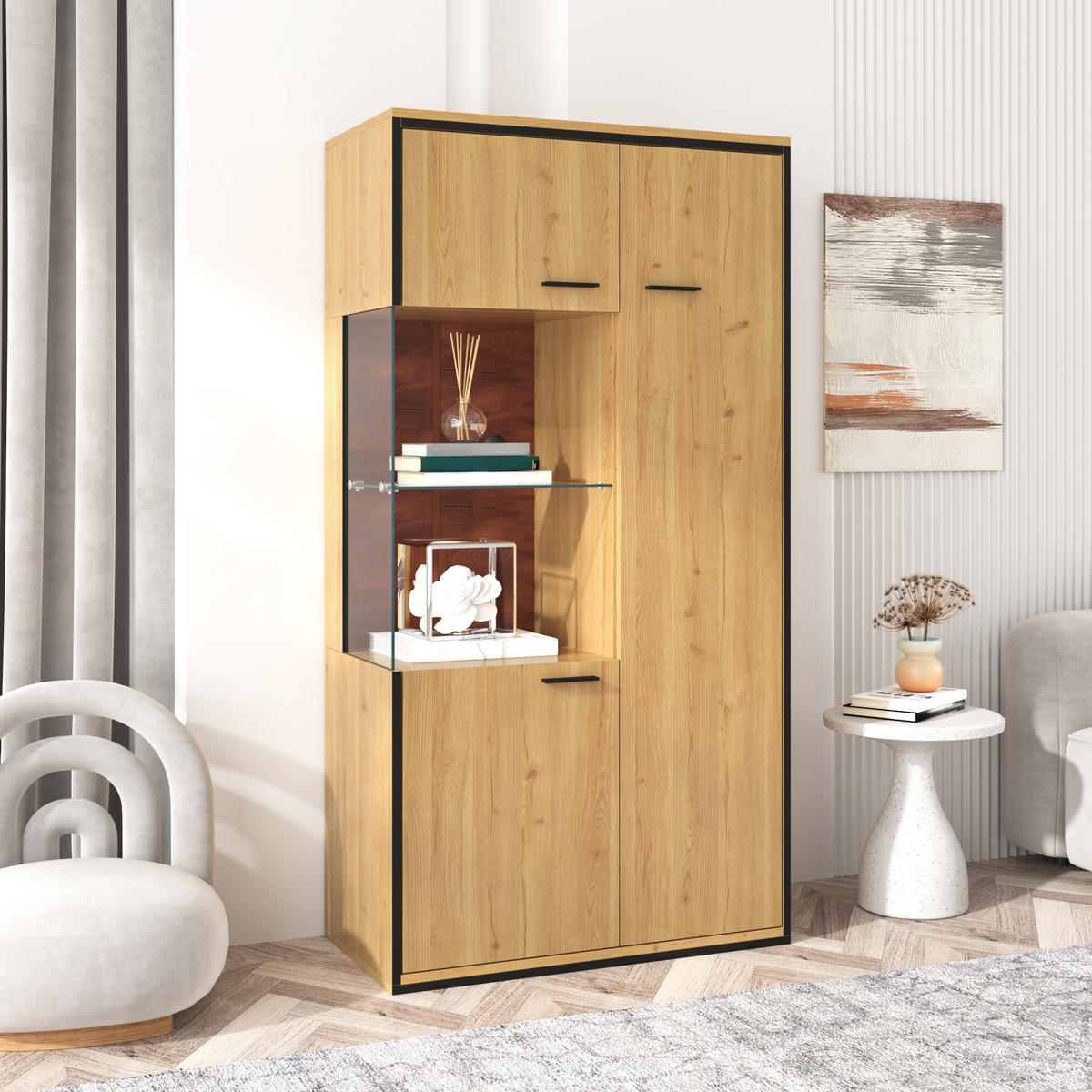 VITRINE LED 150 cm Glastür Stauraum - Naturfarben, Holz (77.5/150/40cm) - Fortuna Lai