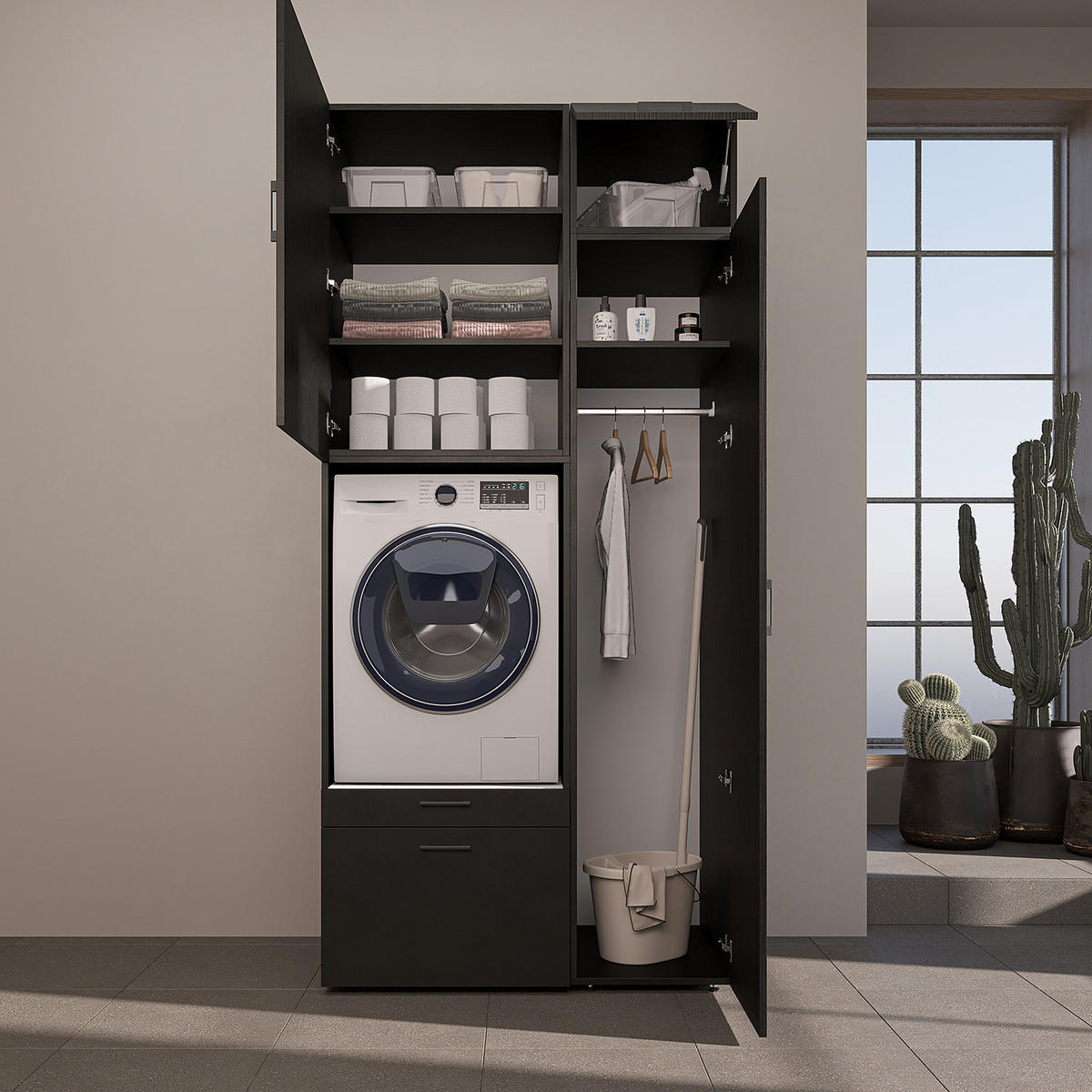WASCHMASCHINENSCHRANK Serie 2 112cm Breit, 240cm Hoch - Schwarz, Holzwerkstoff (112/240/67cm)