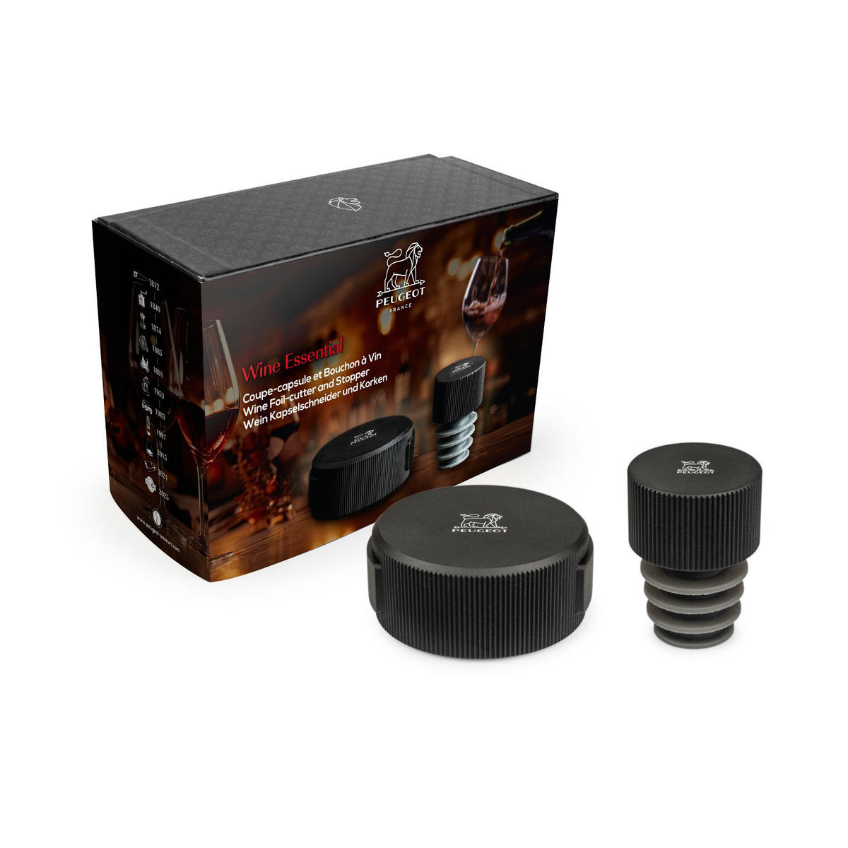 GESCHENKSET Wine Essentials Folienschneider + Verschlussstopfen - Schwarz, Metall (5.5/2.4/5.5cm) - PEUGEOT