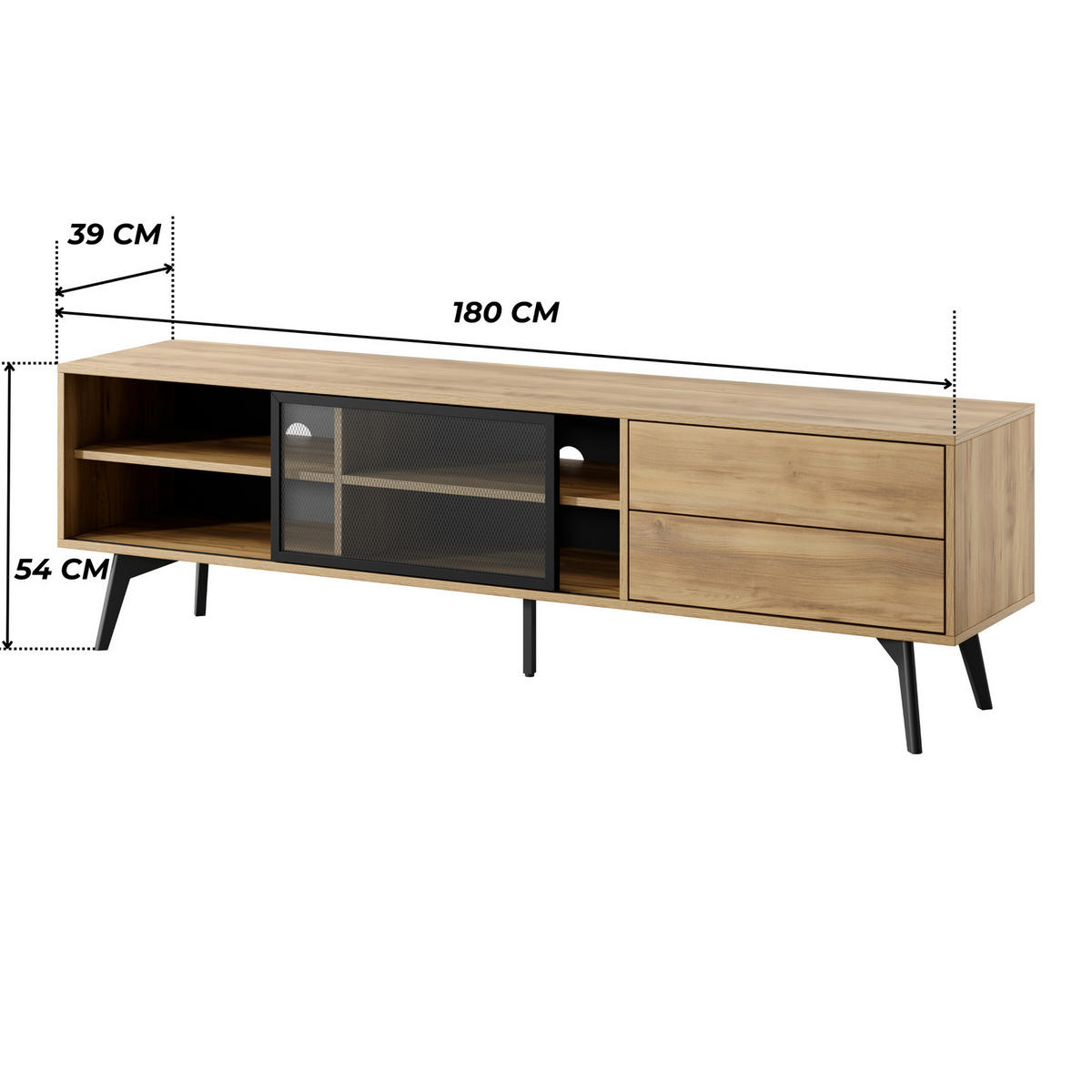 TV-LOWBOARD MOTTI 180 cm (Barock Eiche, Glas-Schiebetür, Push to Open, Schwarze Details) - Eichefarben/Schwarz, Glas/Holz (180/54/39cm) - Ravio