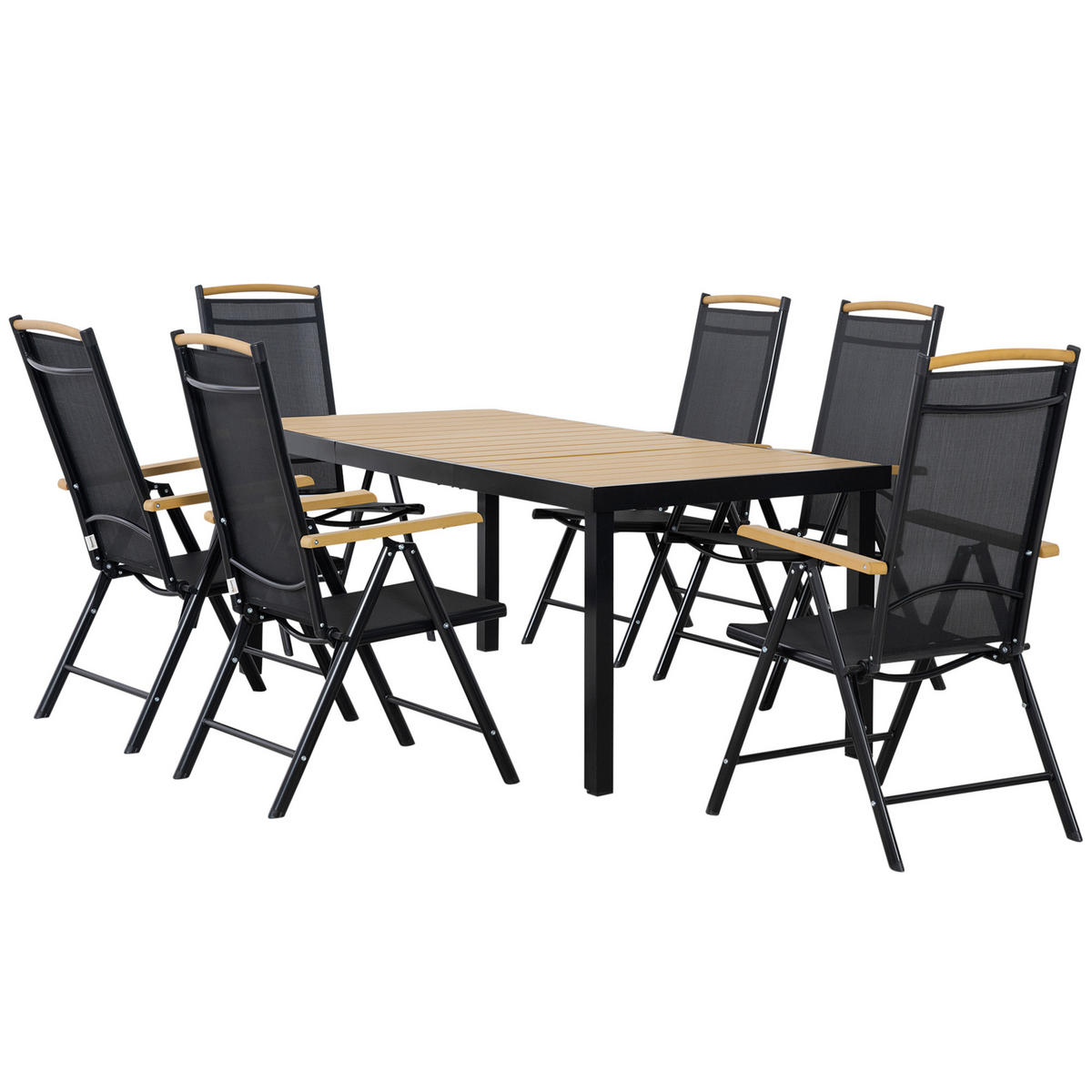 GARTENTISCHGRUPPE DE-18099 klappbar, Neigungsverstellung 7-fach Schwarz - Naturfarben, Metall - ComfortXL
