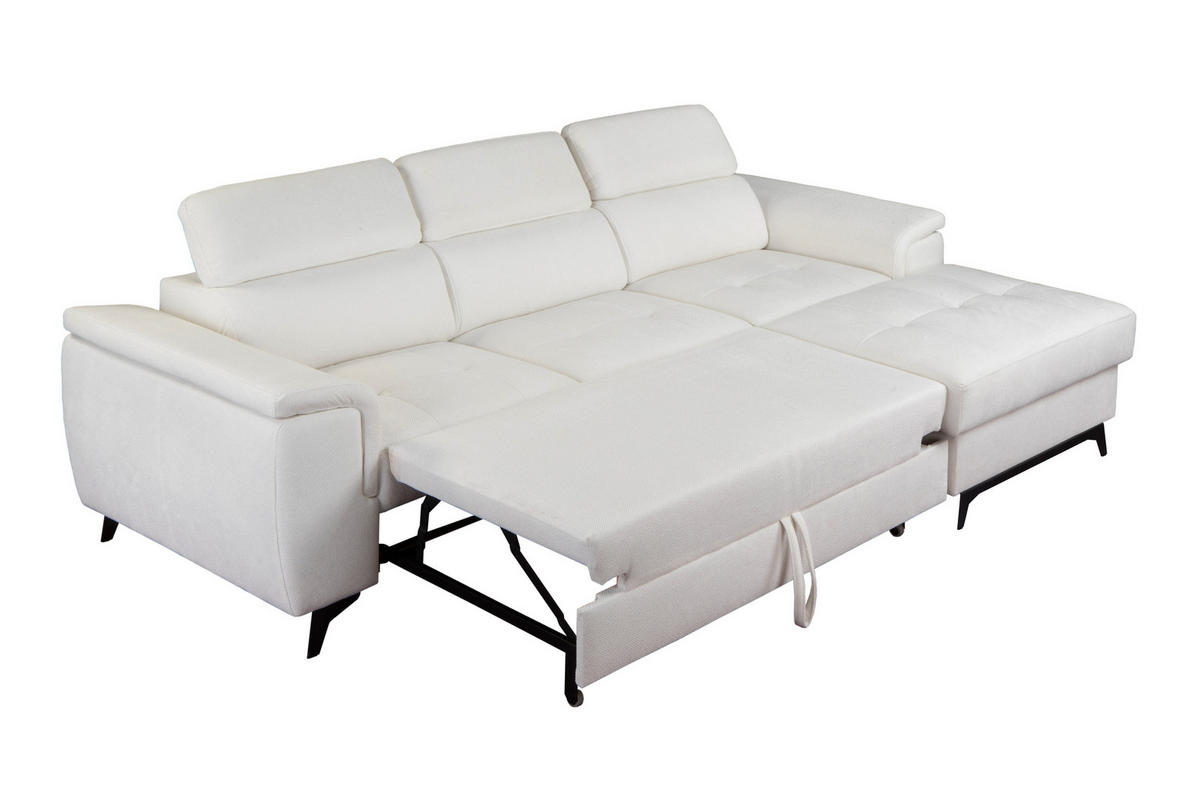 ECKSOFA VOLA Weiß Velours-Stoff mit Schlaffunktion - Weiß, Holz (270/175cm) - MASSENO