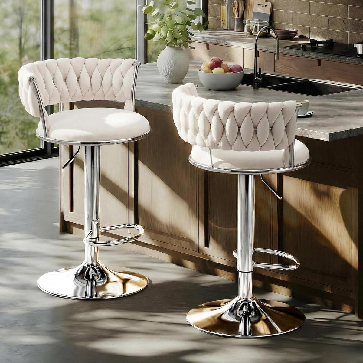 BARHOCKER 2er Set Samt Beigeweiß Höhenverstellbar - Weiß, Textil (48/78/51cm)