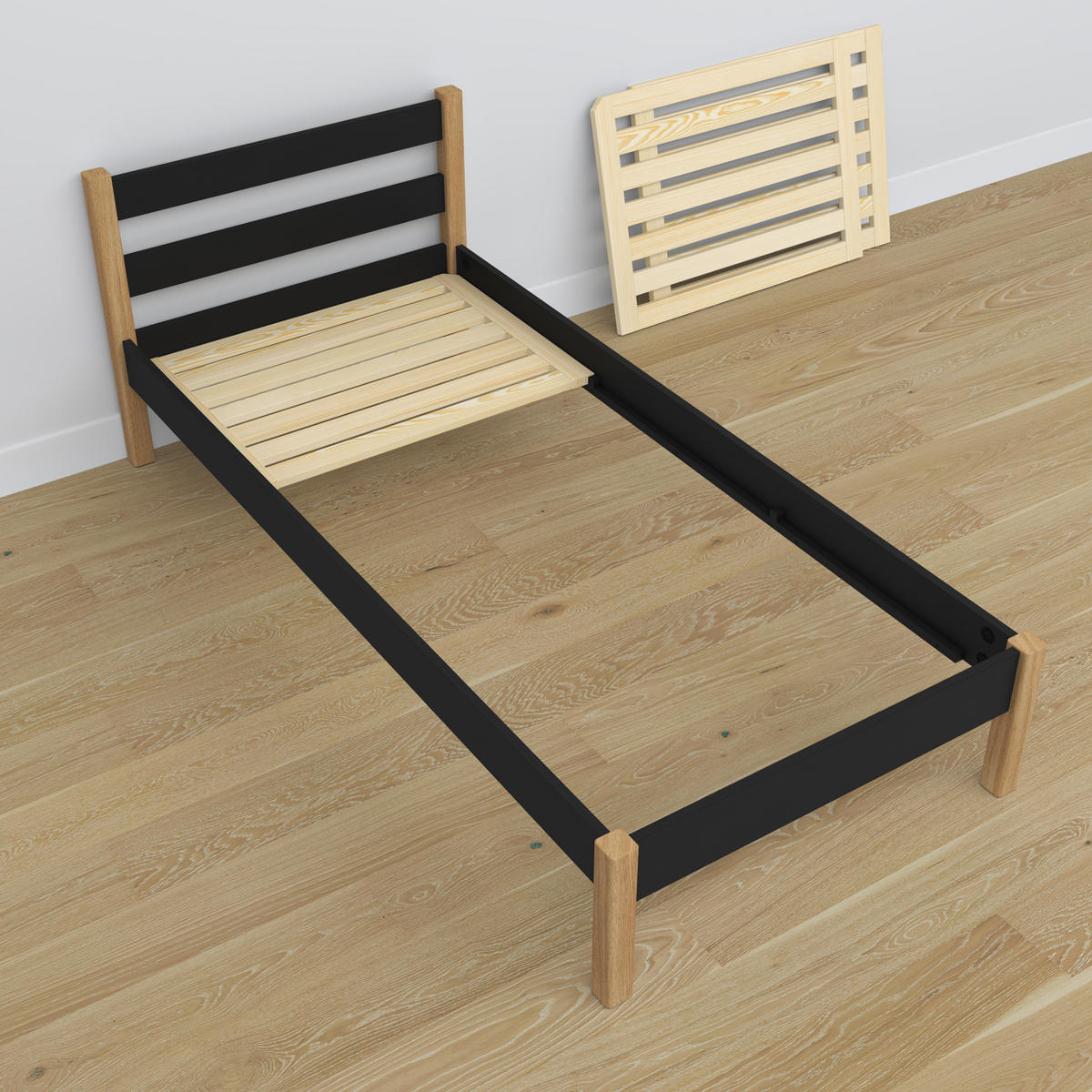 BETT N01 Schwarz / Eiche Natur 100/180 - Schwarz/Eiche Artisan, Naturmaterialien/Holz (100/180cm) - N-Wood