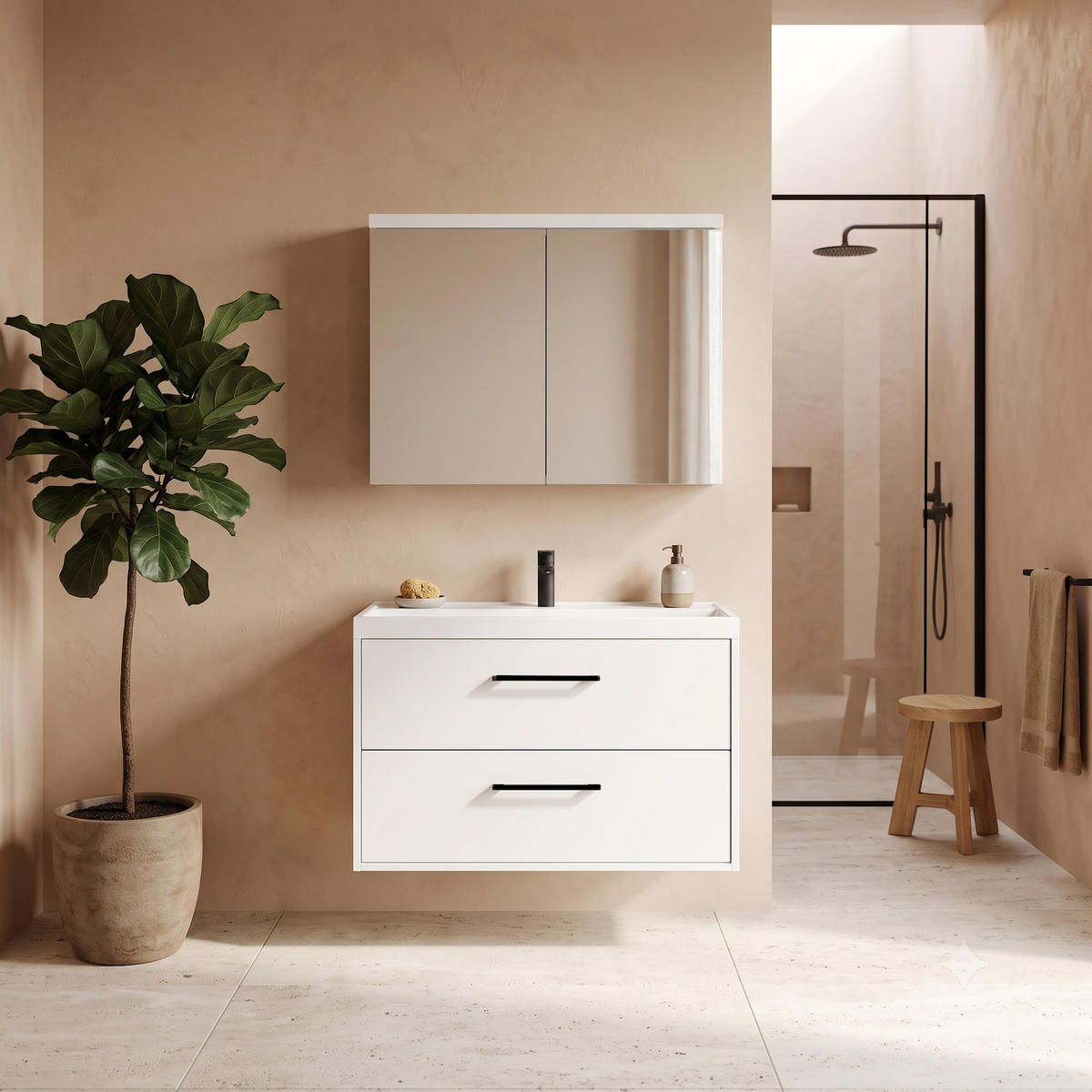 BADMÖBEL-SET Florence 2 Teile Hochglanz Weiß - 80 x 40 x 51 cm - Weiß, Holz (80/51/40cm) - Badplaats