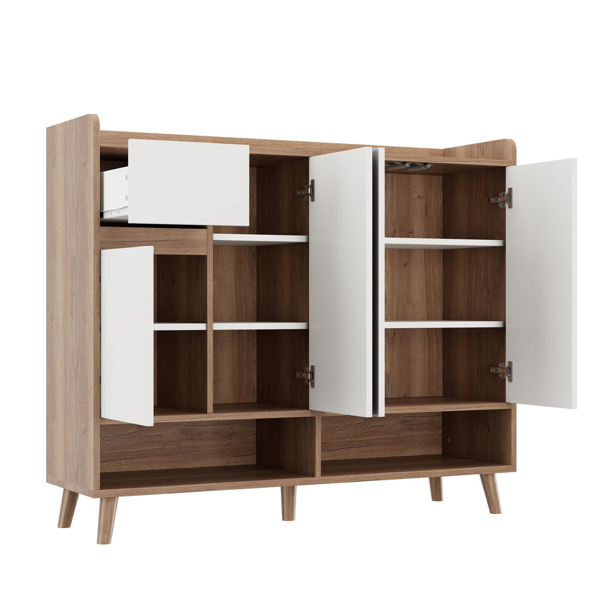SIDEBOARD mit 4 Türen und Schublade 120 x 35 x 99 cm White/Natural - Weiß, Holzwerkstoff (35/99/120cm) - Beauniv