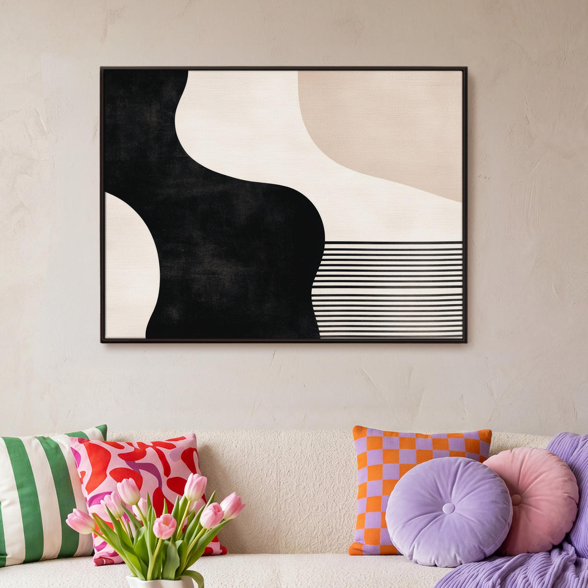LEINWAND Bilder mit Rahmen - Abstrakt - Japandi - Beige - Modern - 100x70 - Schwarz, Textil (100/70cm) - MuchoWow