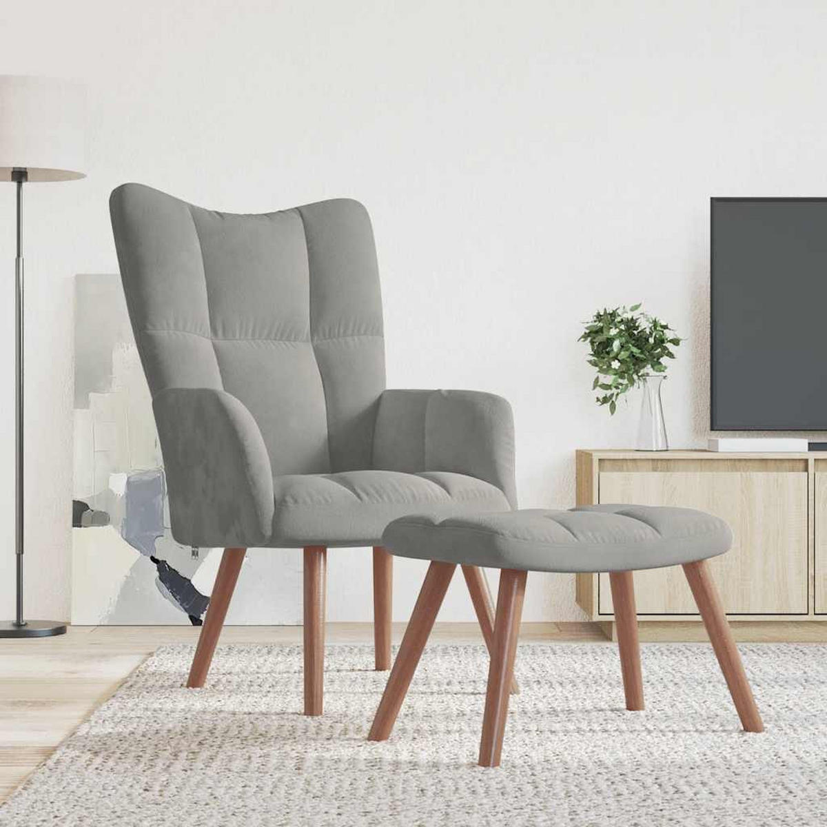 SESSEL mit Hocker, Holzbeine 61,5/69/95,5 cm aus Samt Hellgrau - Hellgrau/Braun, Holz/Textil (61.5/95.5/69cm) - vidaXL