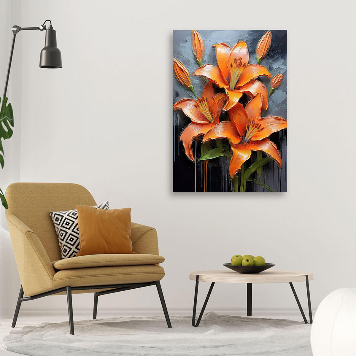 LEINWANDBILD Lilienblume Orange bemalt 40x60cm - Orange, Textil (40/60cm) - Feeby