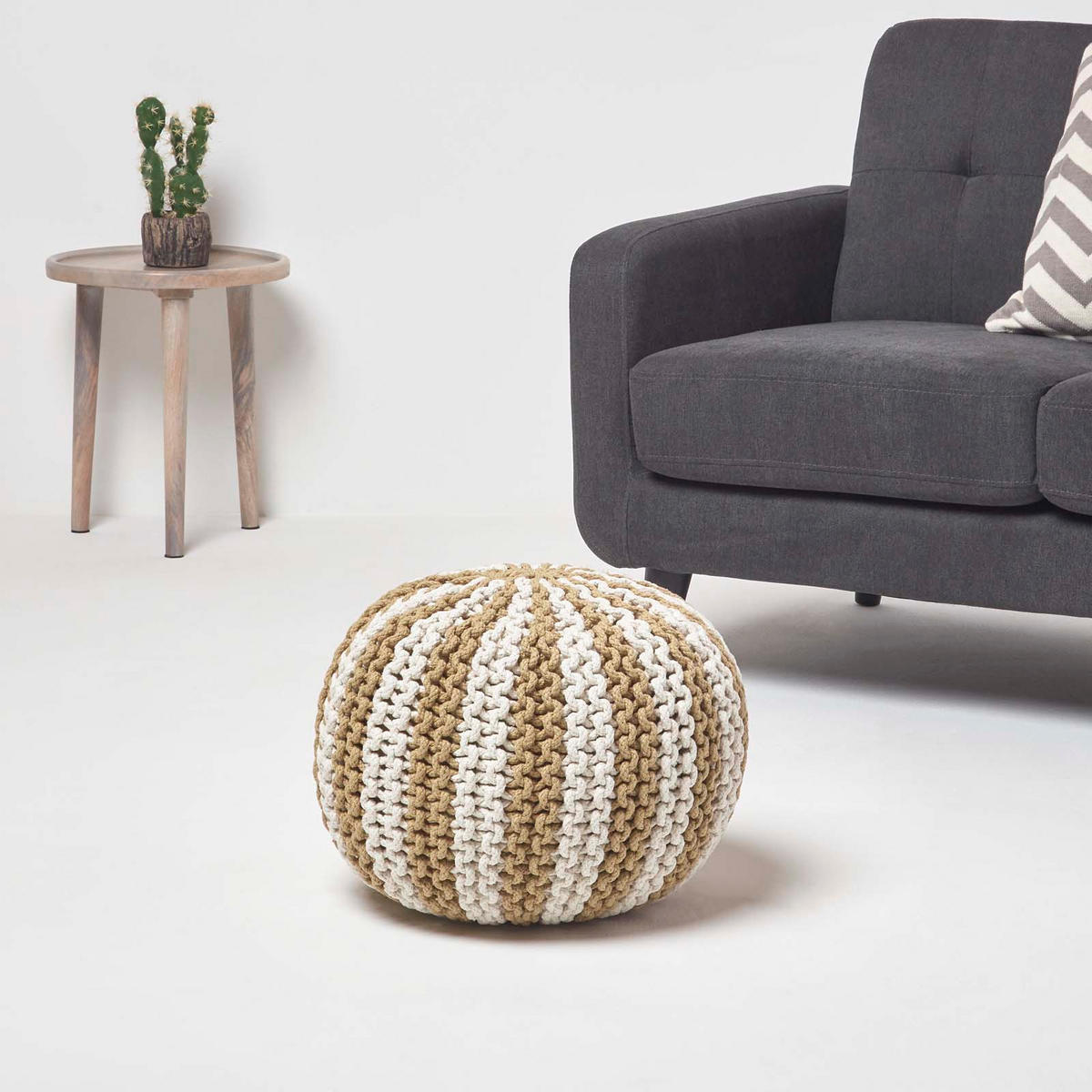 STRICKPOUF rund, beige-creme gestreift, 40/40/35 cm - Beige, Textil (40/35/40cm) - Homescapes