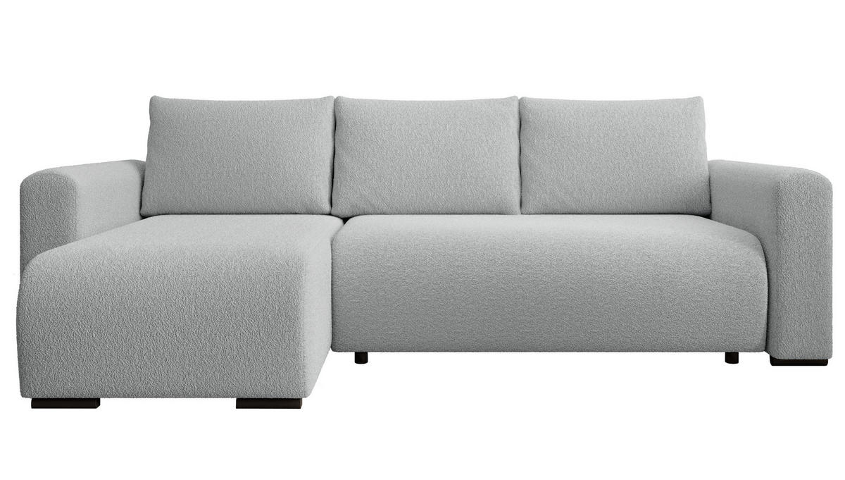 ECKSOFA DORA L, Eckcouch in L-Form mit Schlaffunktion und Bettkasten, Farbe: Grau, Bouclé-Stoff, Ottomane Links - Grau, Textil (240/143cm) - Storez24