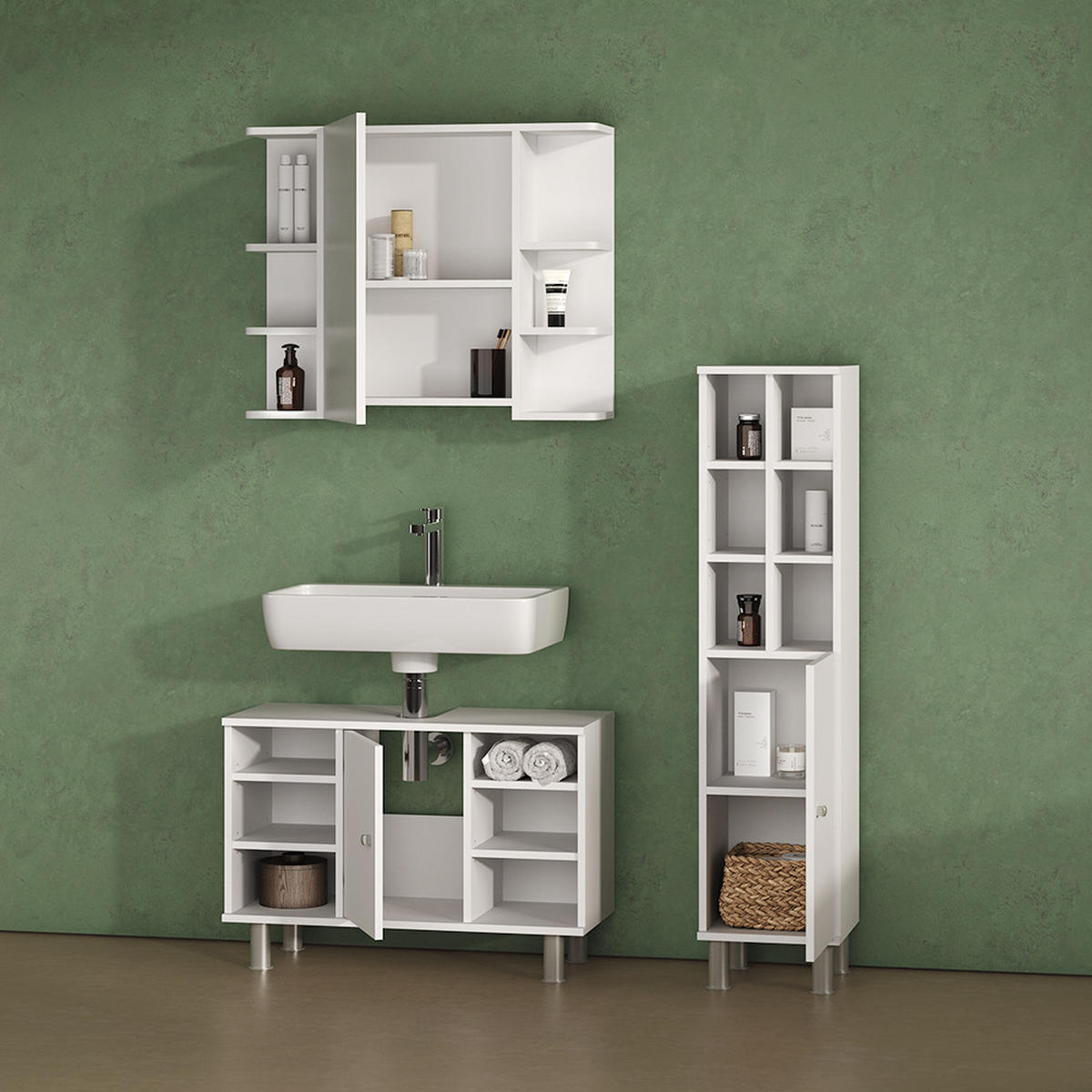 BADMÖBEL-SET Fucino Weiß 3 Teile, mit Midischrank Tür groß - Weiß, Holzwerkstoff (80/54/32cm) - Livinity®