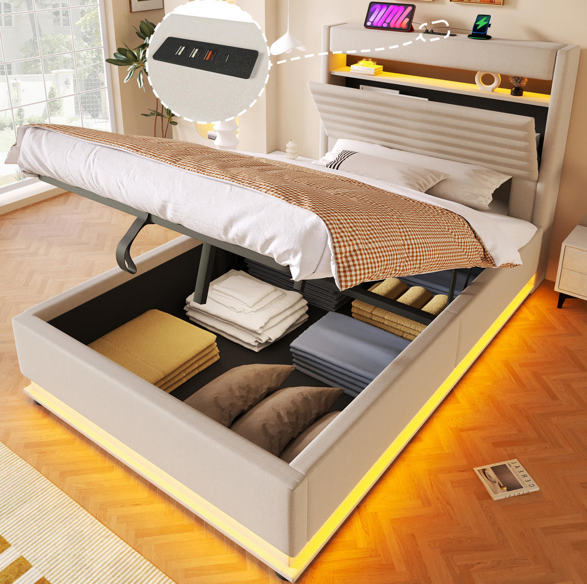 POLSTERBETT 90/200 cm mit LED-Beleuchtung, USB- und Typ-C-Anschluss, hydraulischem Stauraum aus Leinen, Beige - Beige, Textil (90/200cm) - Redom