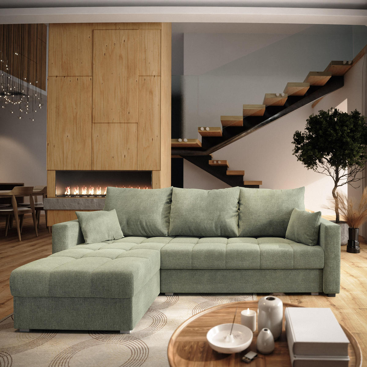 ECKSOFA NIDA Grün Geflochtener Stoff mit Schlaffunktion - Grün, Holz (220/143cm) - MASSENO