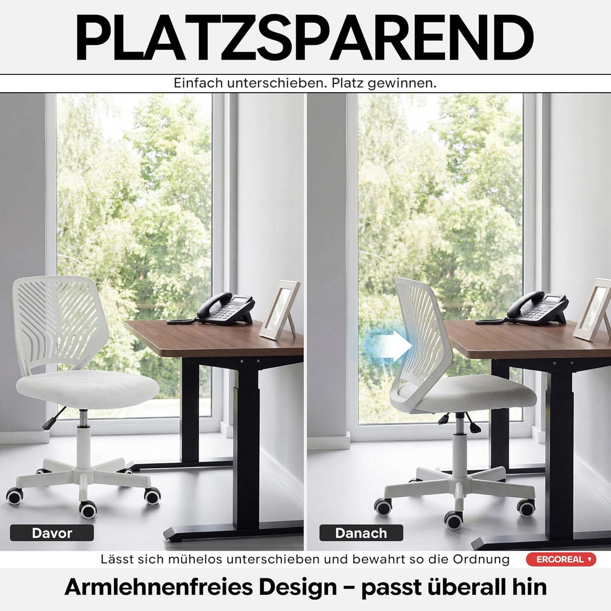 BÜROSTUHL Ergonomischer ohne Armlehne, mit Rollen & Höhenverstellung - Weiß, Metall (55/79/55cm) - Gisaae