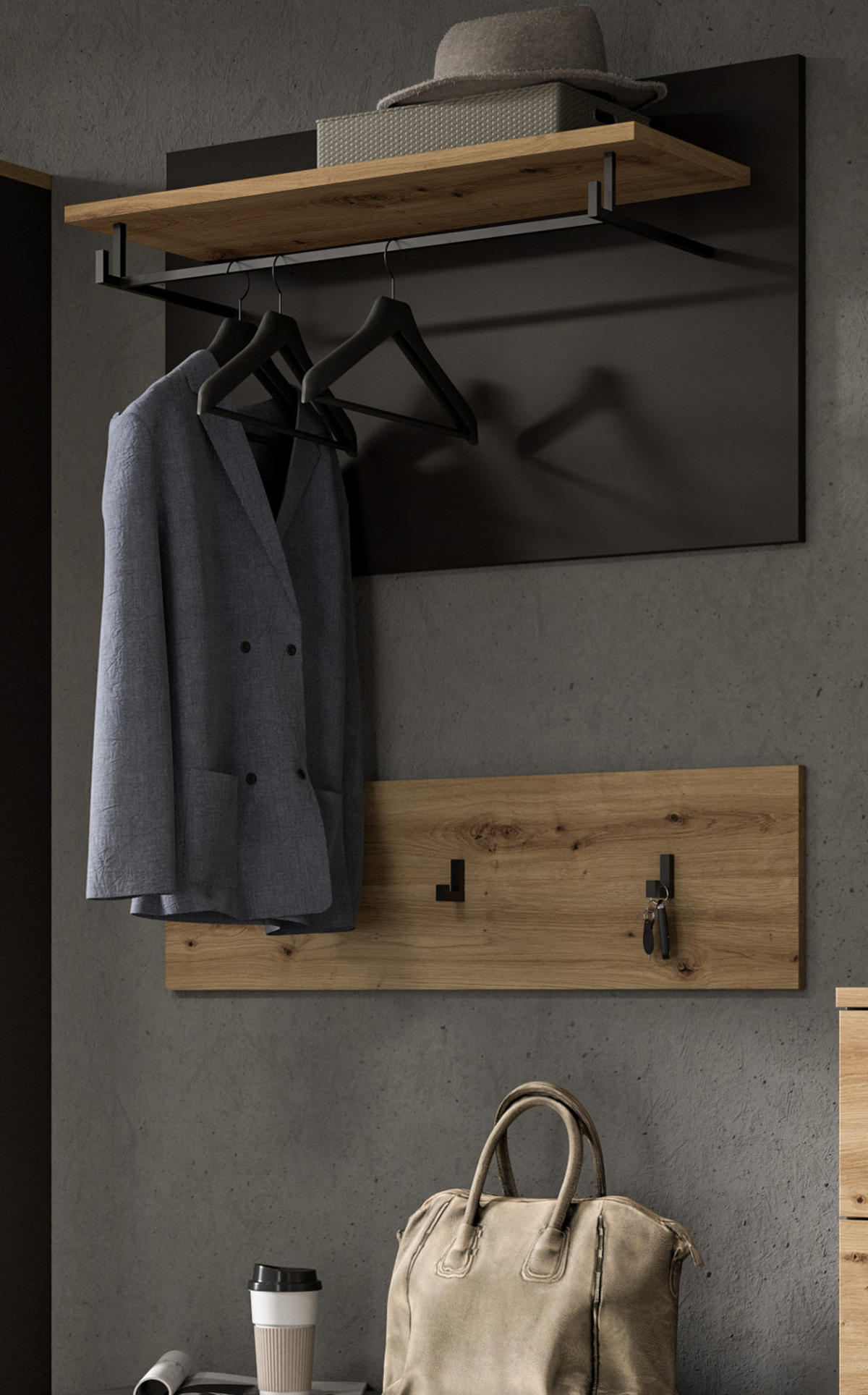 GARDEROBENPANEEL Set mit Garderobenleiste Eiche Artisan, grau 80 cm - Eiche Artisan/Grau, Holzwerkstoff/Metall (80/73/27cm) - Inn.Furn