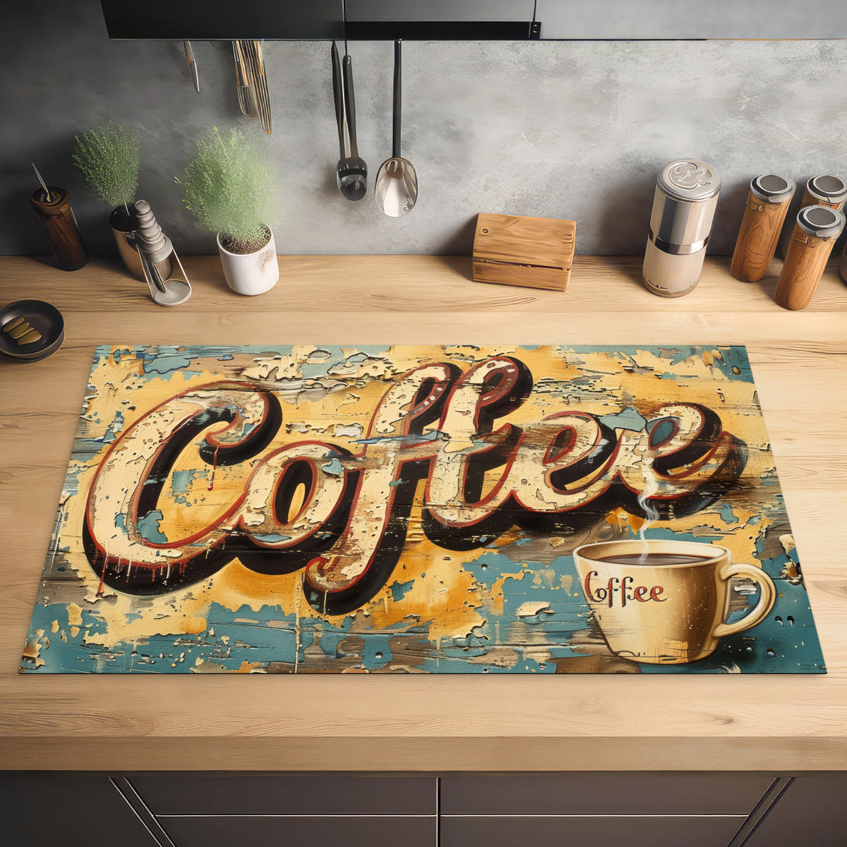 HERDABDECKPLATTE Kaffee - Vintage - Braun - Tasse 90x52 cm - Teakfarben, Kunststoff (90/0.2/52cm) - MuchoWow