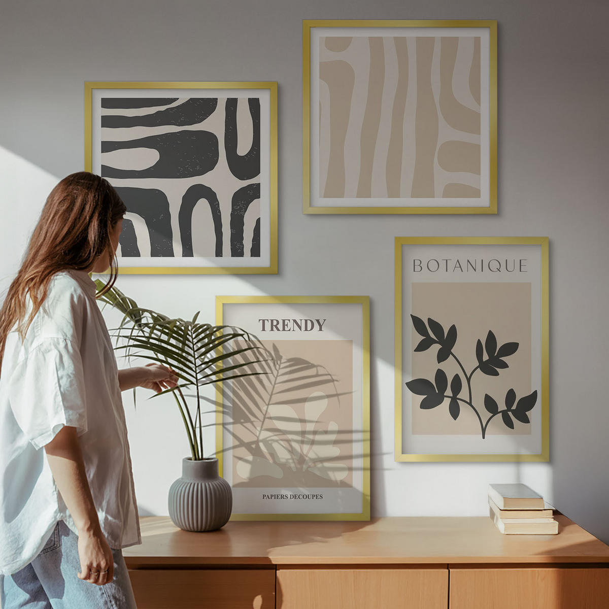 BILDER SET 4er Set - 50x50 cm & 40x60 cm Goldrahmen - Stilvolle Pflanzenmuster in Beige und Schwarz - Goldfarben, Kunststoff (50/50cm) - TULUP
