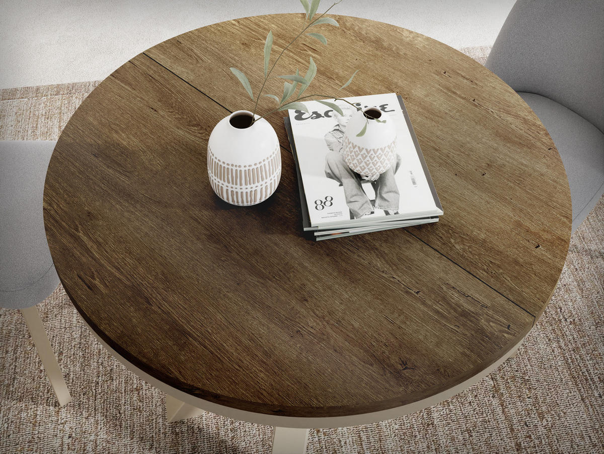 ESSTISCH Clara Beige Cashmere runder ausziehbarer, Lefkas Eiche 100-180/100/76 cm - Kaschmir/Alteiche, Holzwerkstoff/Metall (100/100/76cm) - WFL GROUP
